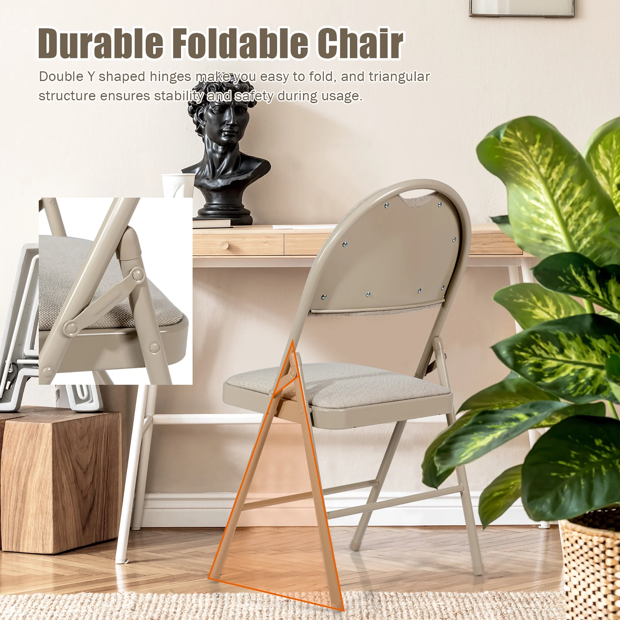 Costway Set of 6 Folding Chairs Fabric Upholstered Padded Seat Metal Frame Home Office Beige - Image 8