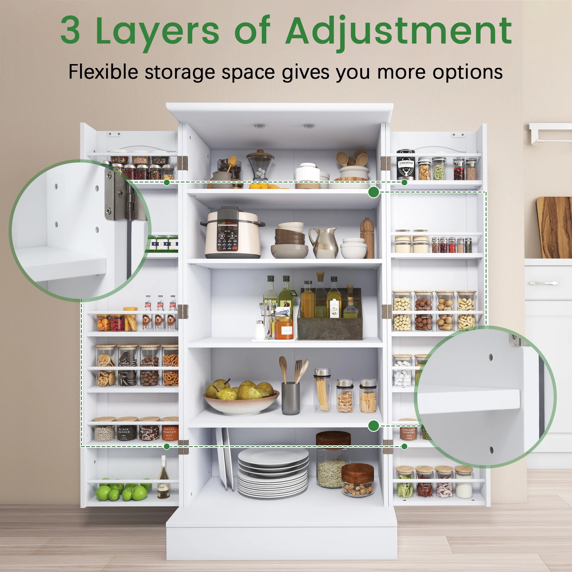 47 Kitchen Pantry Cabinet, White Buffet Cupboards Sideboard with Doors & Adjustable Shelves, Kitchen - Image 7