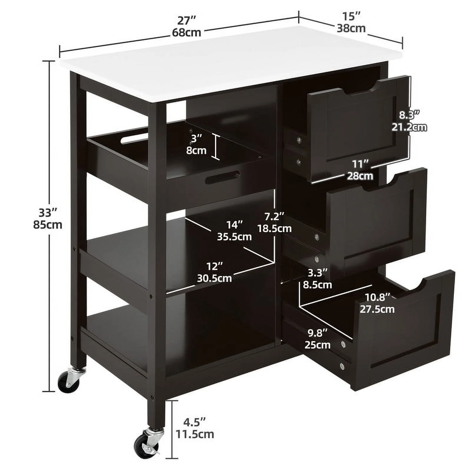 DWVO 3 Tier Kitchen Island Cart with Storage, Rolling Kitchen Cart with Large Countertop, Opening Shelves and Drawers for Kitchen Dining Room, Brown