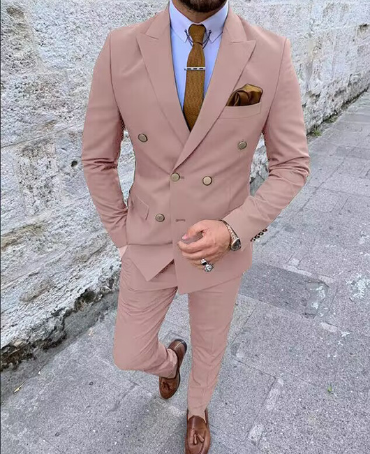 Business Solid Lapel Collar Double Breasted Blazer & Pants 2Pcs Set