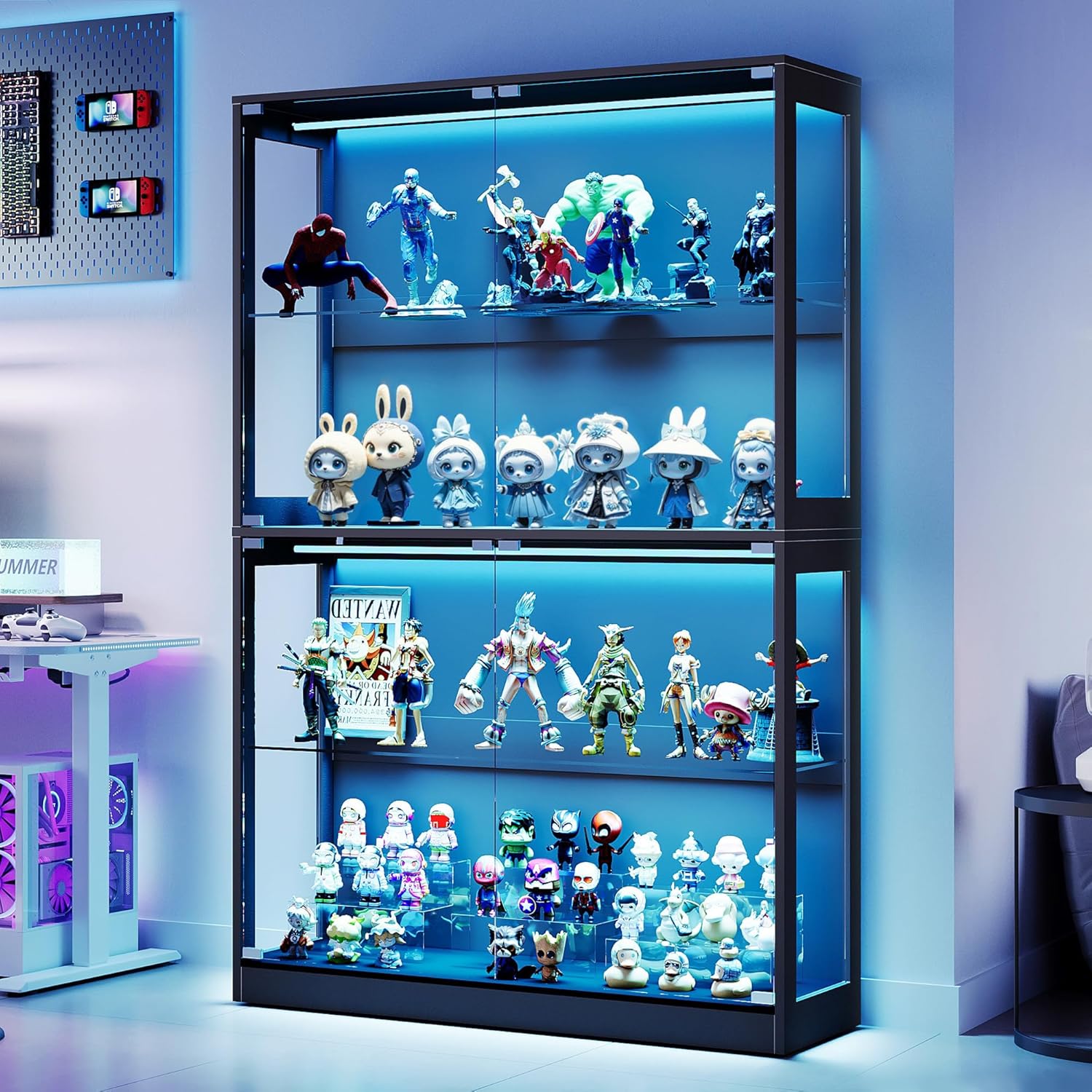 AMERLIFE RGB Display Cabinet with Adjustable Glass Shelves, 4-Tier Storage Case with LED Lights & Press-to-Open Doors, Modern Display Shelf for Collectibles, Black 70