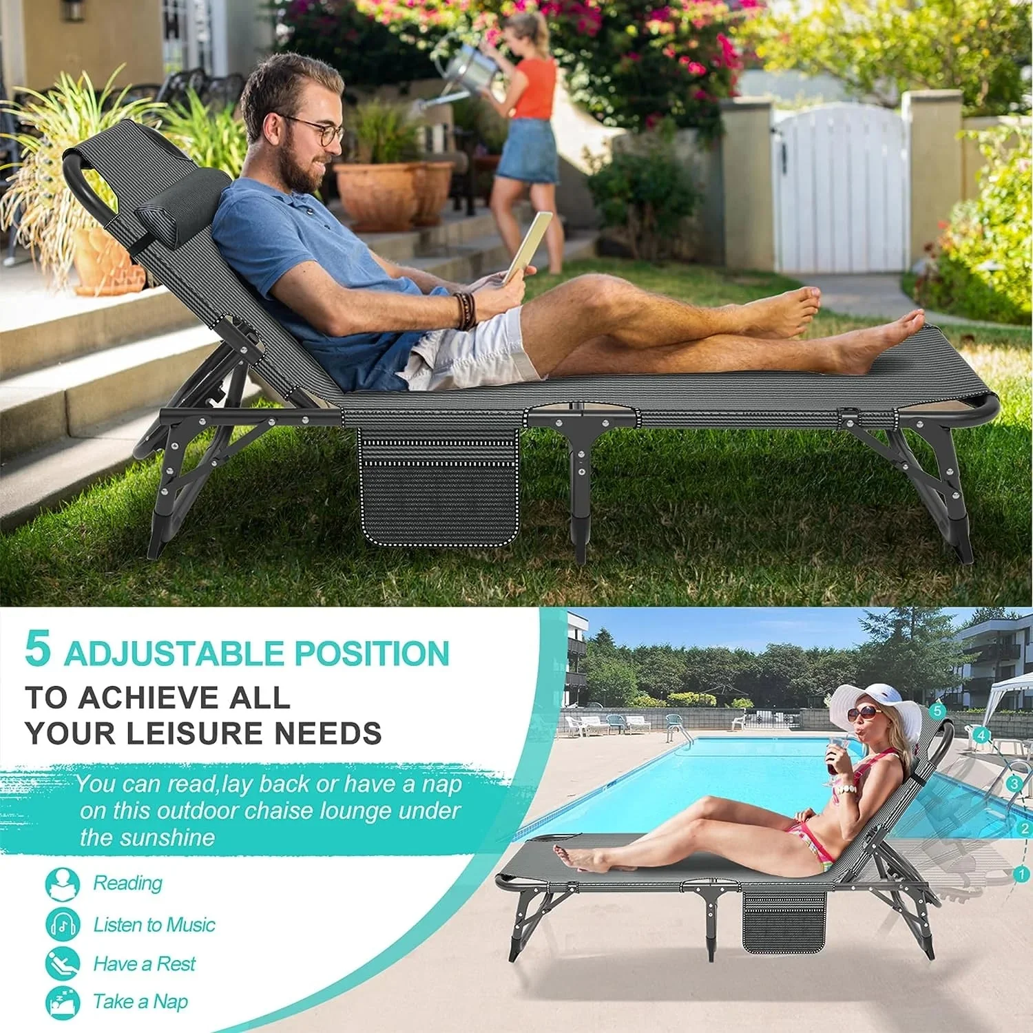 Slsy 5-Position Adjustable Folding Lounge Chair And Cot - 75.2" x 25.6" x 11.8" - Image 90 Slsy 5-Position Adjustable Folding Lounge Chair And Cot - 75.2" x 25.6" x 11.8" - Image 90