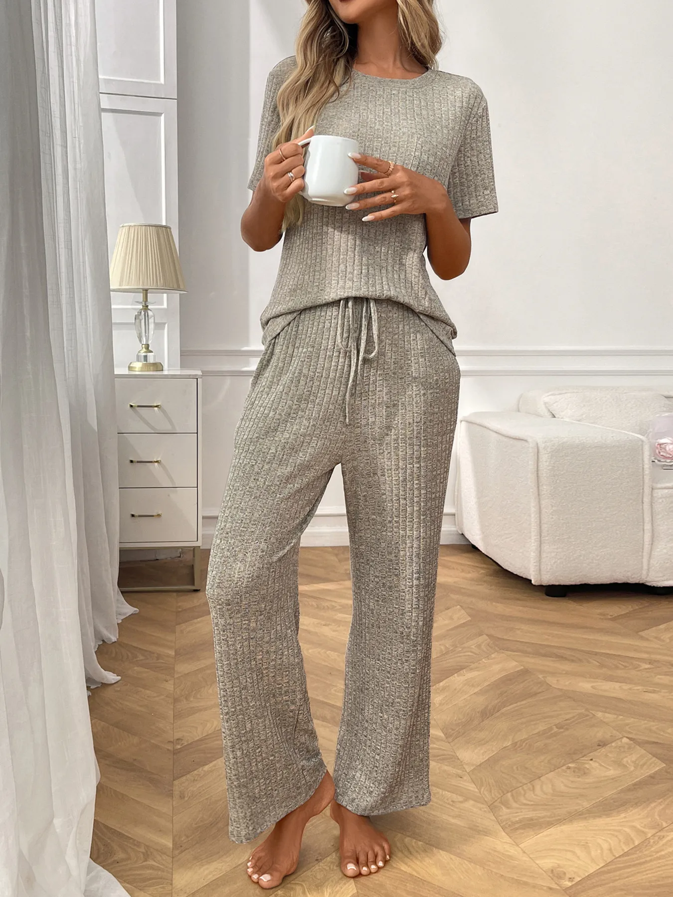 Ribbed Knit Short Sleeve Top and Pants Lounge Set - ZKZOOK
