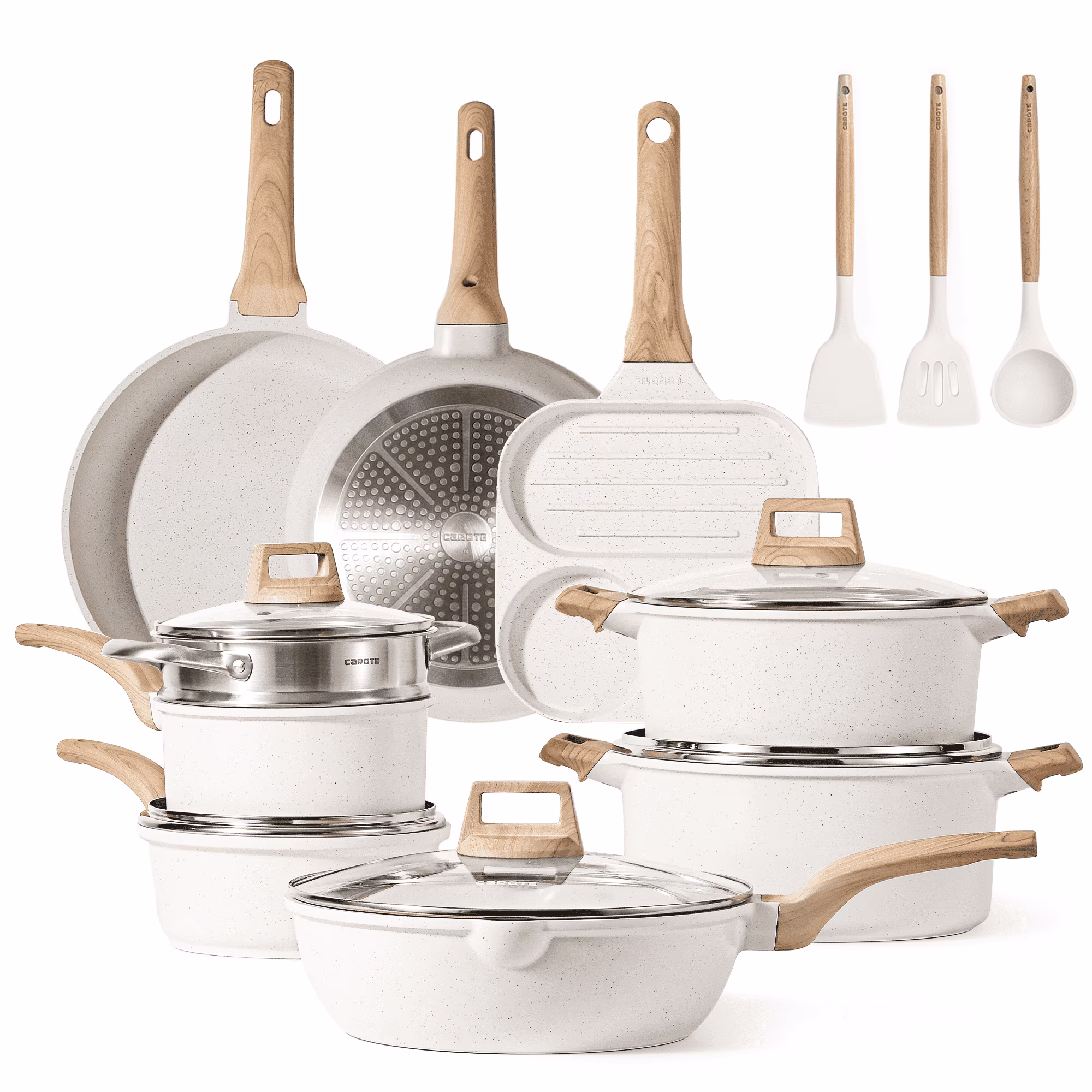Carote Nonstick Cookware Sets, 24 Pcs Granite Non Stick Pots and Pans Set, Induction Cookware, White - Image 3