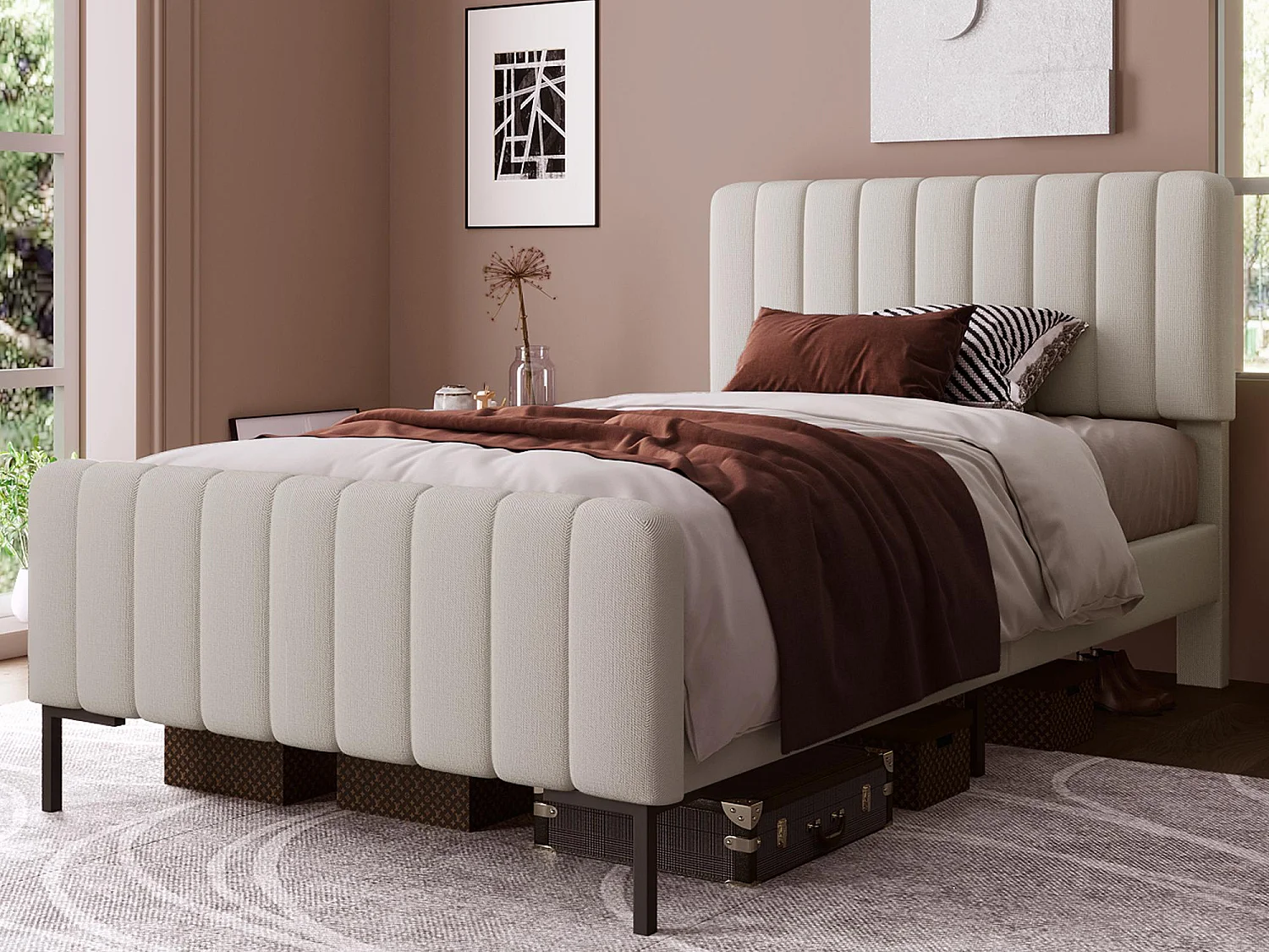 Lit adulte rembourré en tissu lin - 90x200 cm - avec tête de lit réglable et sommier à lattes - Gris clair