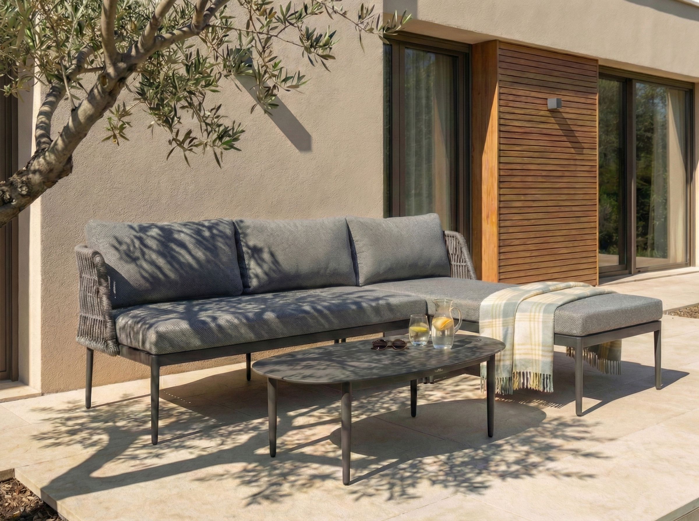 Garden Corner Sofa with Table 3 Seater LEFFE Left Hand Metal Grey