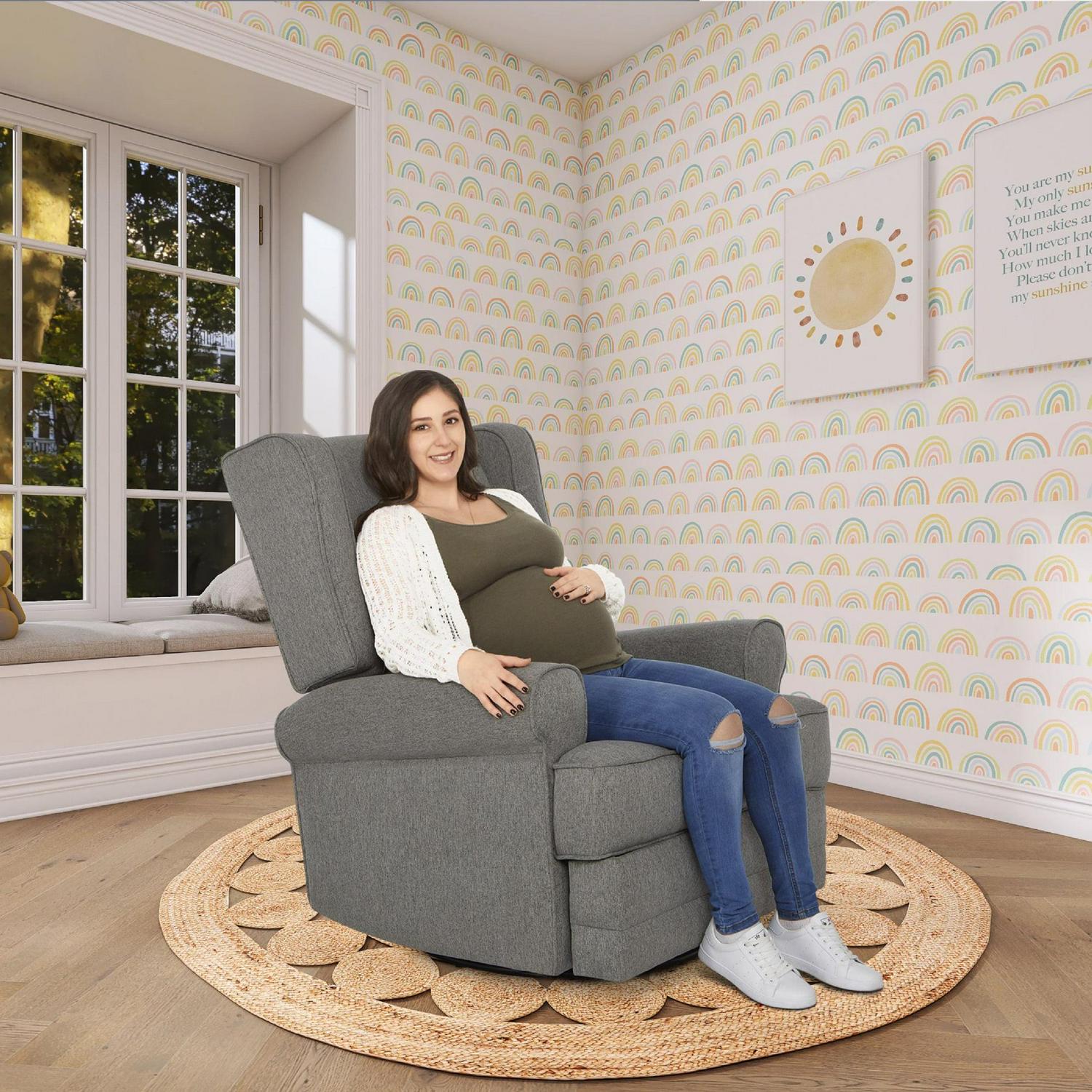Evolur Melbourne Wing Back Swivel Glider I Nursery Glider I Durable Soft Fabric I Bonus Pillow In Iron