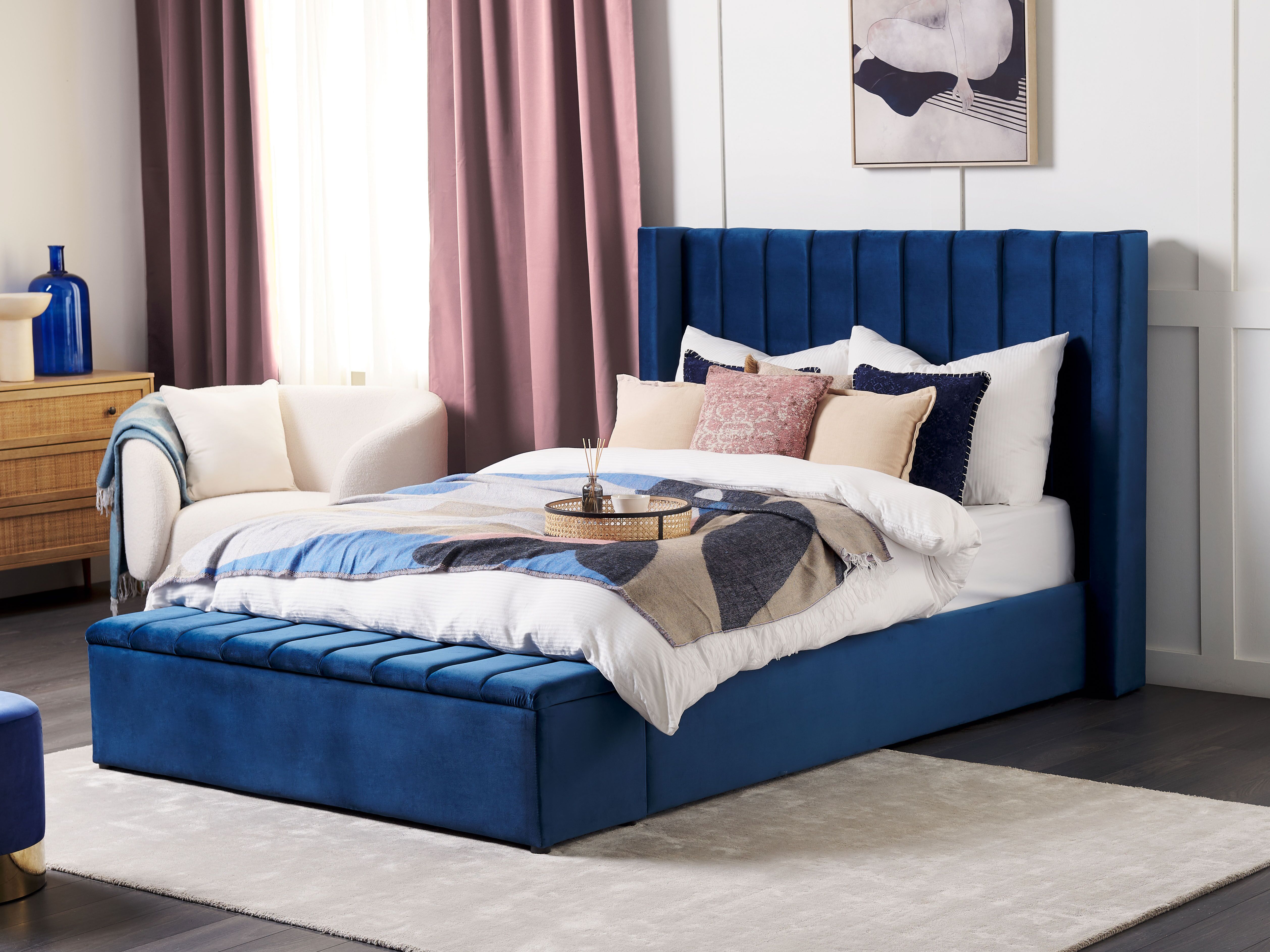 Bed with Storage Bench Velvet NOYERS 140 x 200 cm (EU Double) Navy Blue