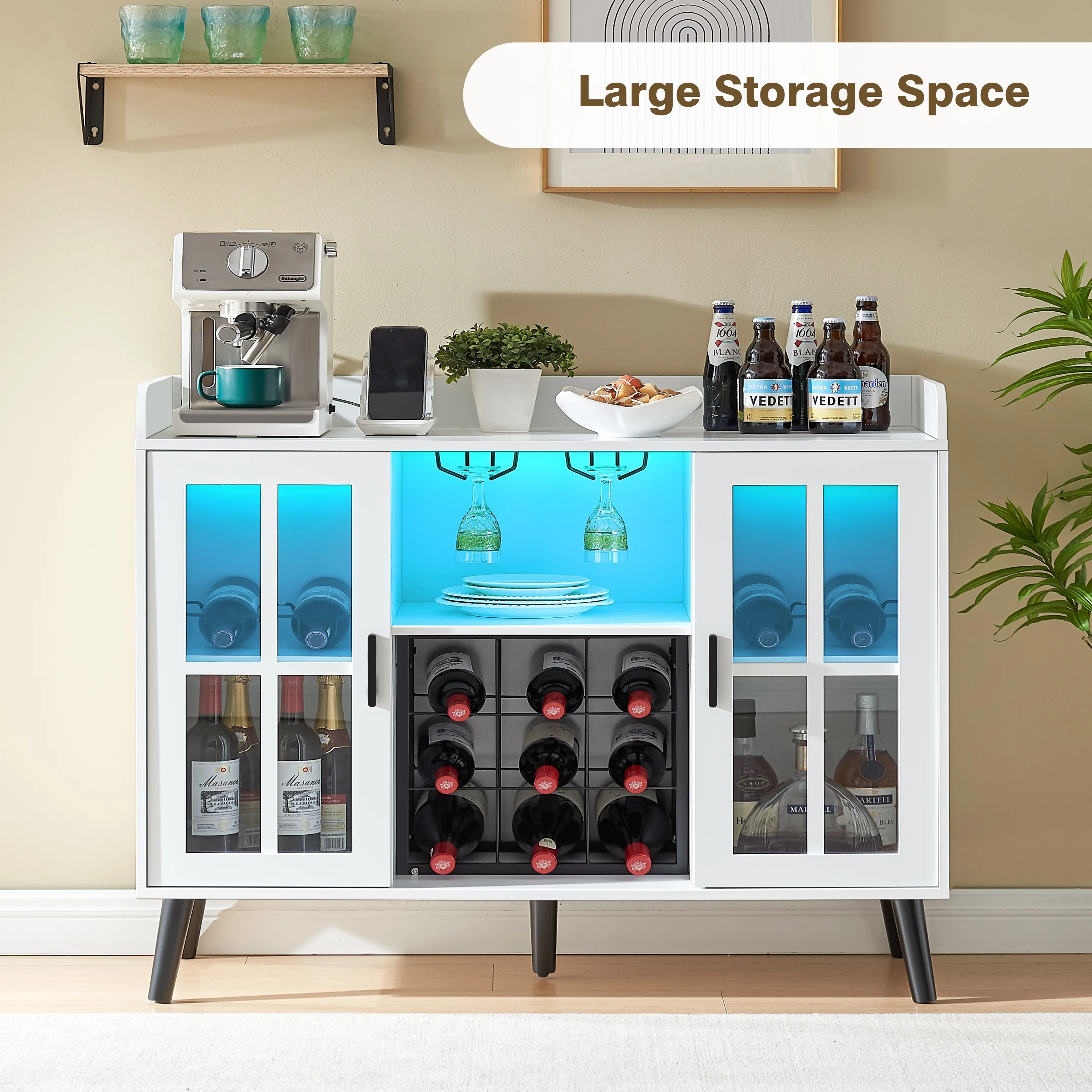 Wine Bar Cabinet with LED Light, Coffee Bar Cabinet with Storage and Outlet, Kitchen Buffet Sideboard with Wine Rack and Glass Holder, Modern Liquor Cabinets for Home Dining Room, White