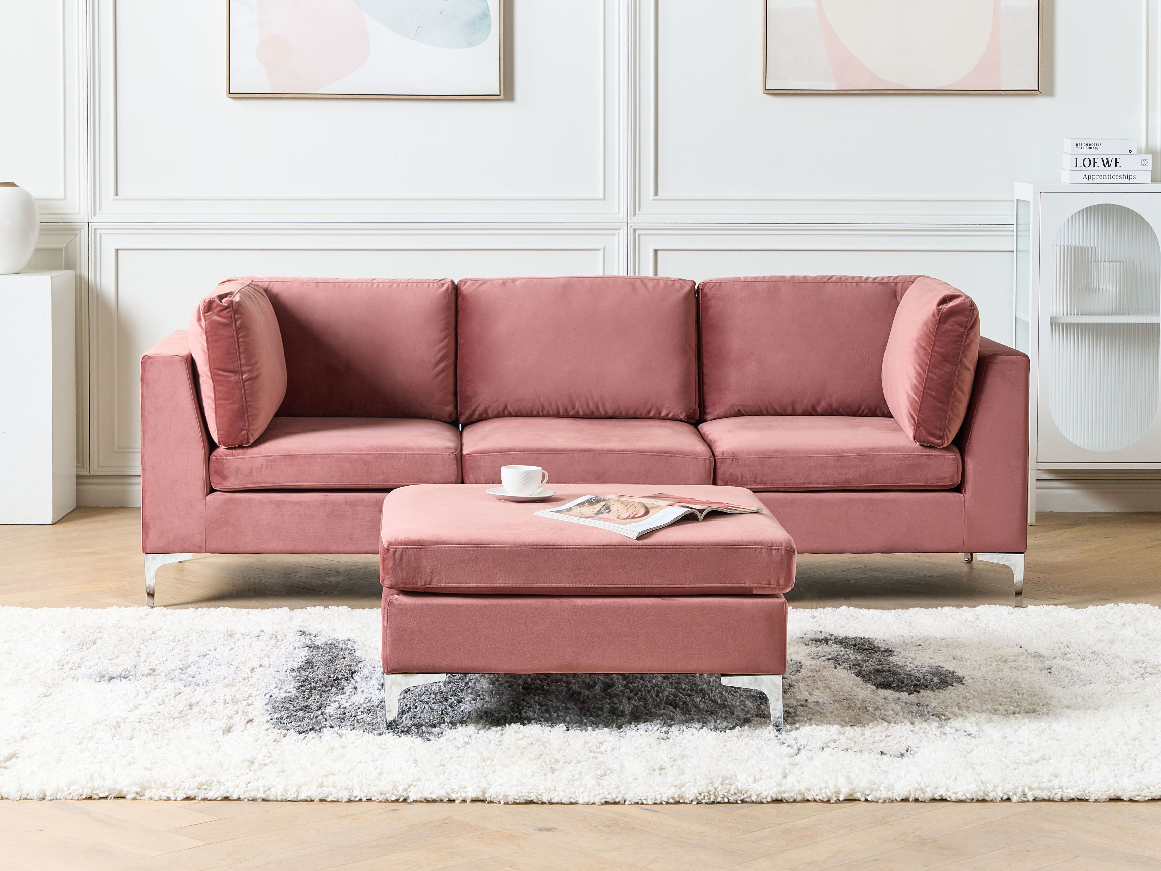 Modular Sofa 3 Seater EVJA Velvet Pink with Ottoman