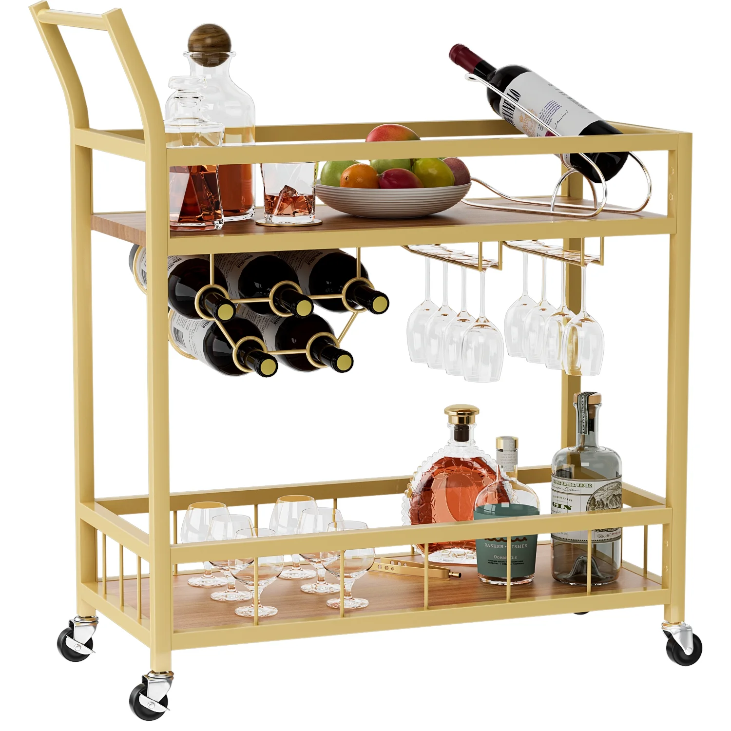 Vineego Bar Cart Home Industrial Mobile Bar Cart Serving Wine Cart on Wheels with Wine Rack and Glass Holder 2 Wood Storage Shelves for Living Room, Kitchen, Party (Gold)
