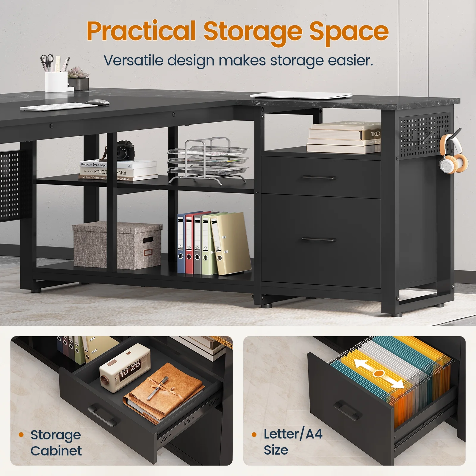 71" Executive Desk with Power Outlets, Modern L Shaped Office Desk with File Drawers and Pegboard, Large Computer Desk, Rustic Brown - Image 16