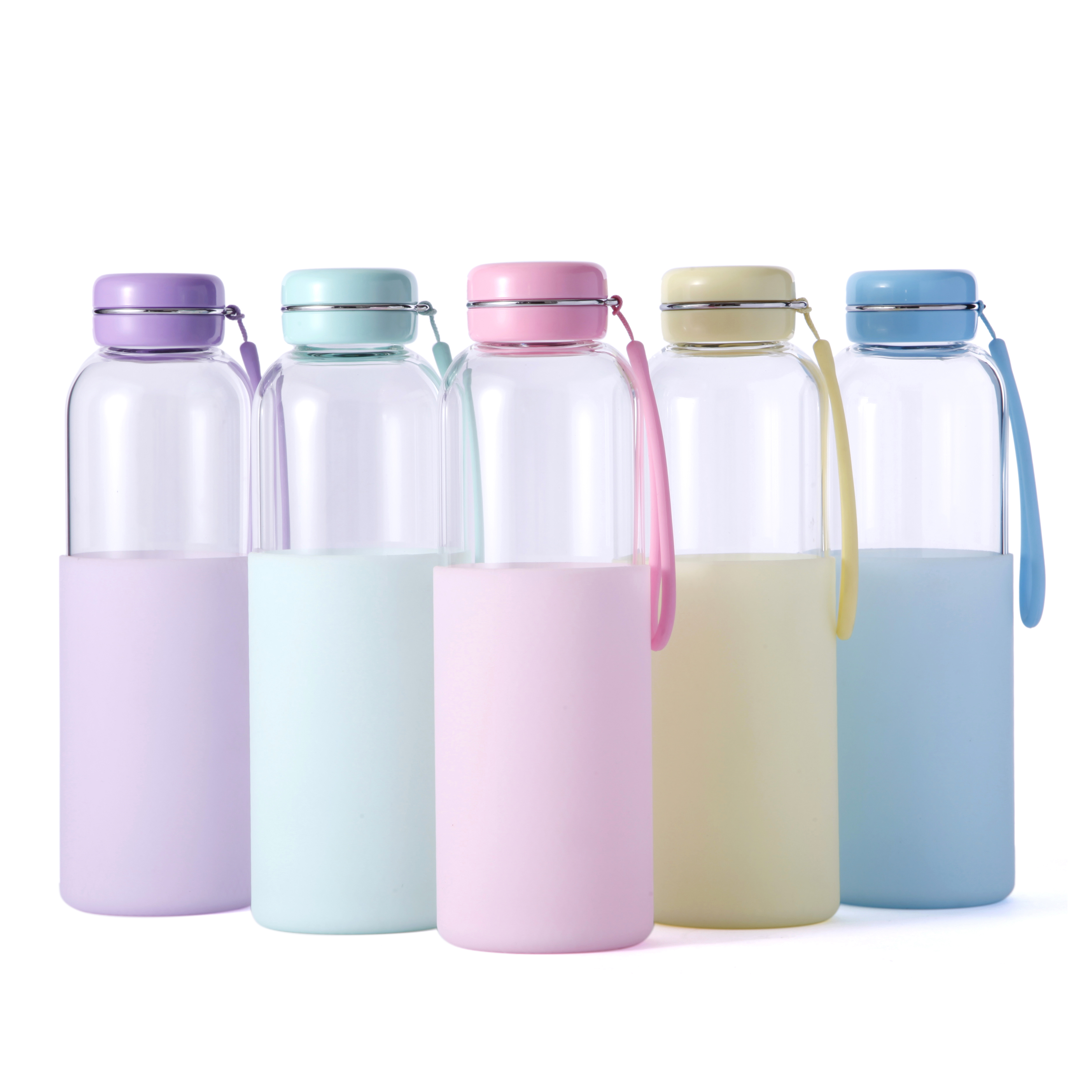 550ml High Borosilicate Glass Water Bottle Direct Drinking Macarons Lid Silicone Sleeve Single Wall Boiling Applicable