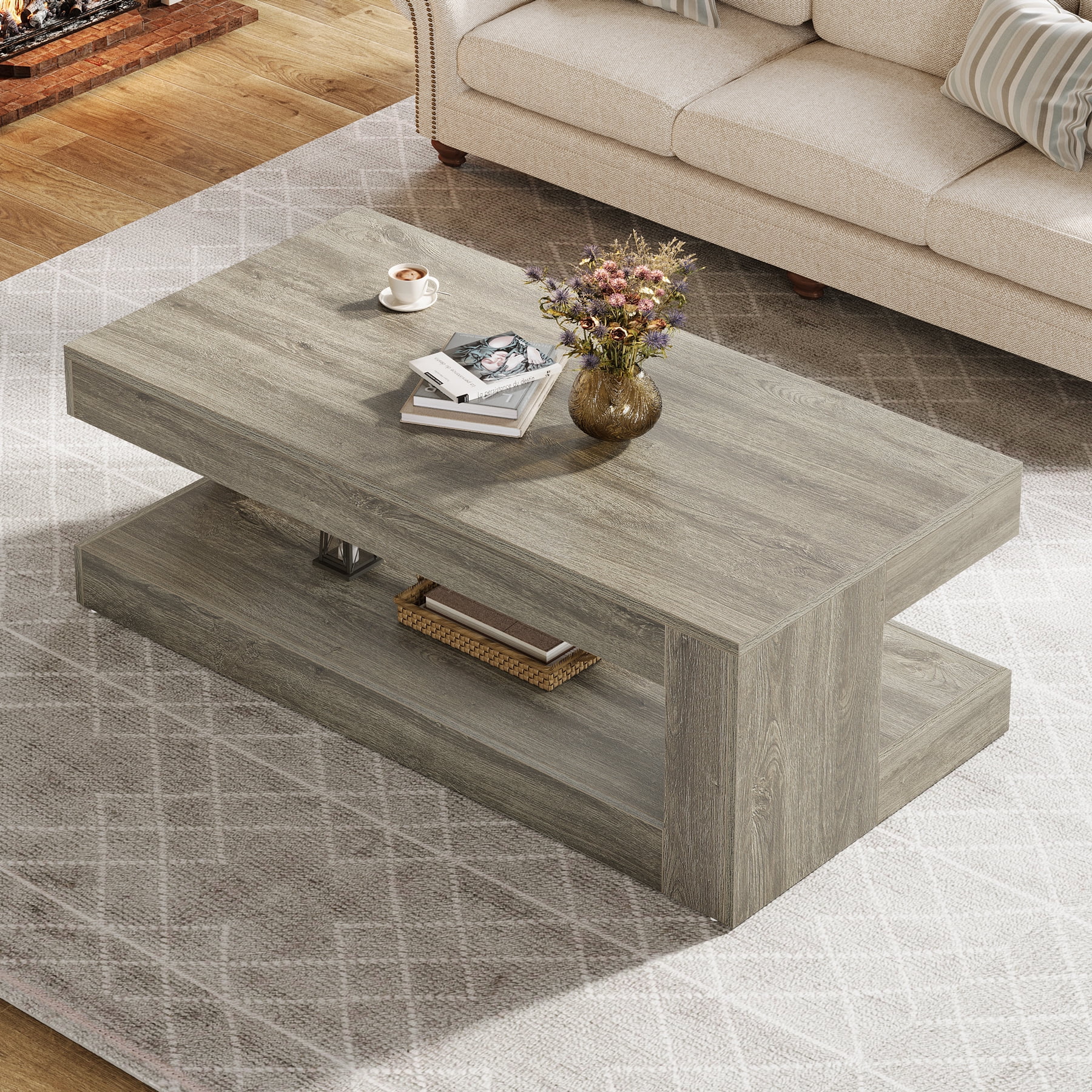 Tribesigns Coffee Table for Living Room, 47.24-Inch Farmhouse 2-Tier Accent Center Tea Cocktail Table with Storage, Elegant Grey, Rectangular - Image 3