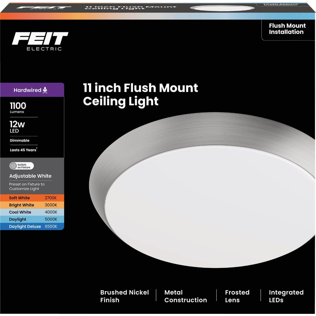 Feit 11 In. Brushed Nickel LED CCT Dimmable Flush Mount Ceiling Light Fixture