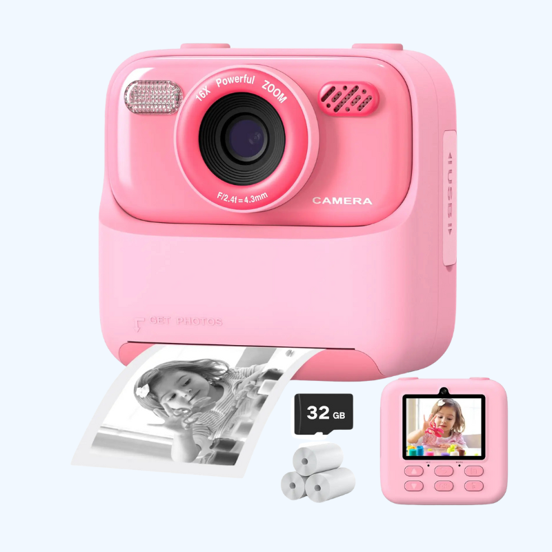 Kleurrijke Kindercamera met HD Selfie en 32 GB Geheugen – Direct Afdrukken en Creatieve Functies voor Kinderen
