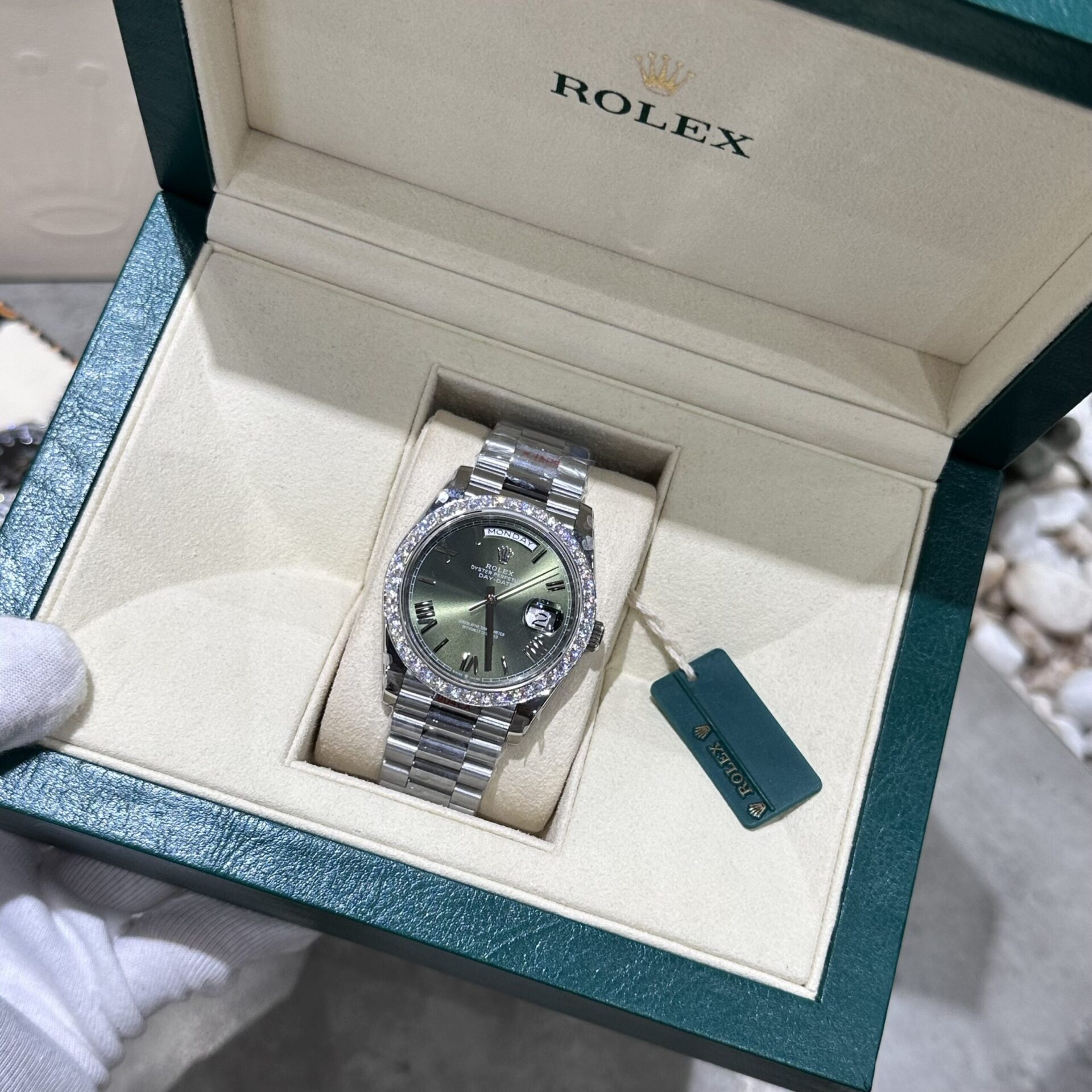 Rolex Day-Date 228236 Moissanite Green Dial Replica Watch 168gram GM V3 40mm - Elite Watch Atelier
