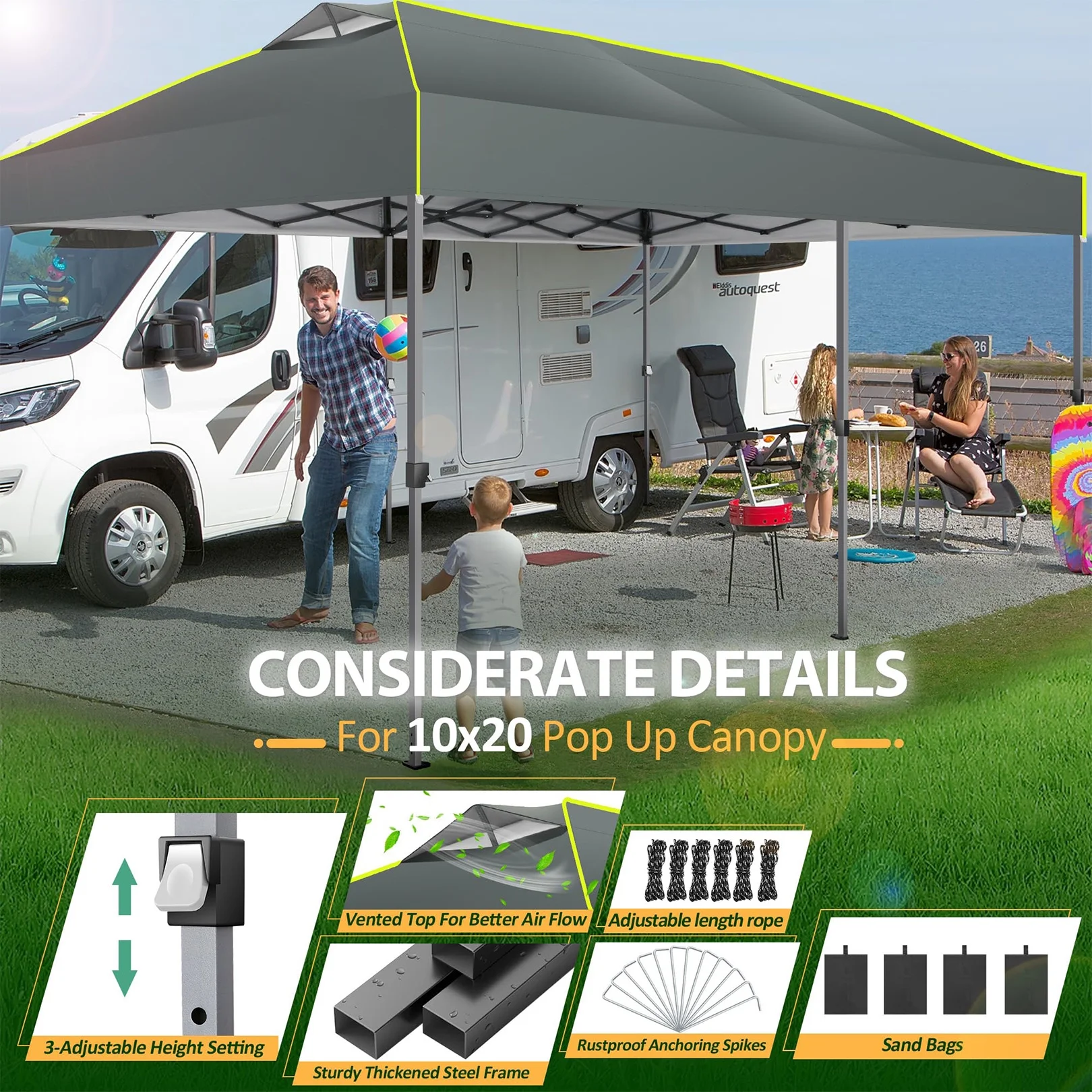COBIZI 10x10 EZ Pop up Canopy Gazebo with Sidewalls,Pop up Canopy Tent Instant Shelter for Outdoor Party Camping Backyard Beach with Air Vent ,Carry Bag,Stakes,Ropes,Black - Image 12