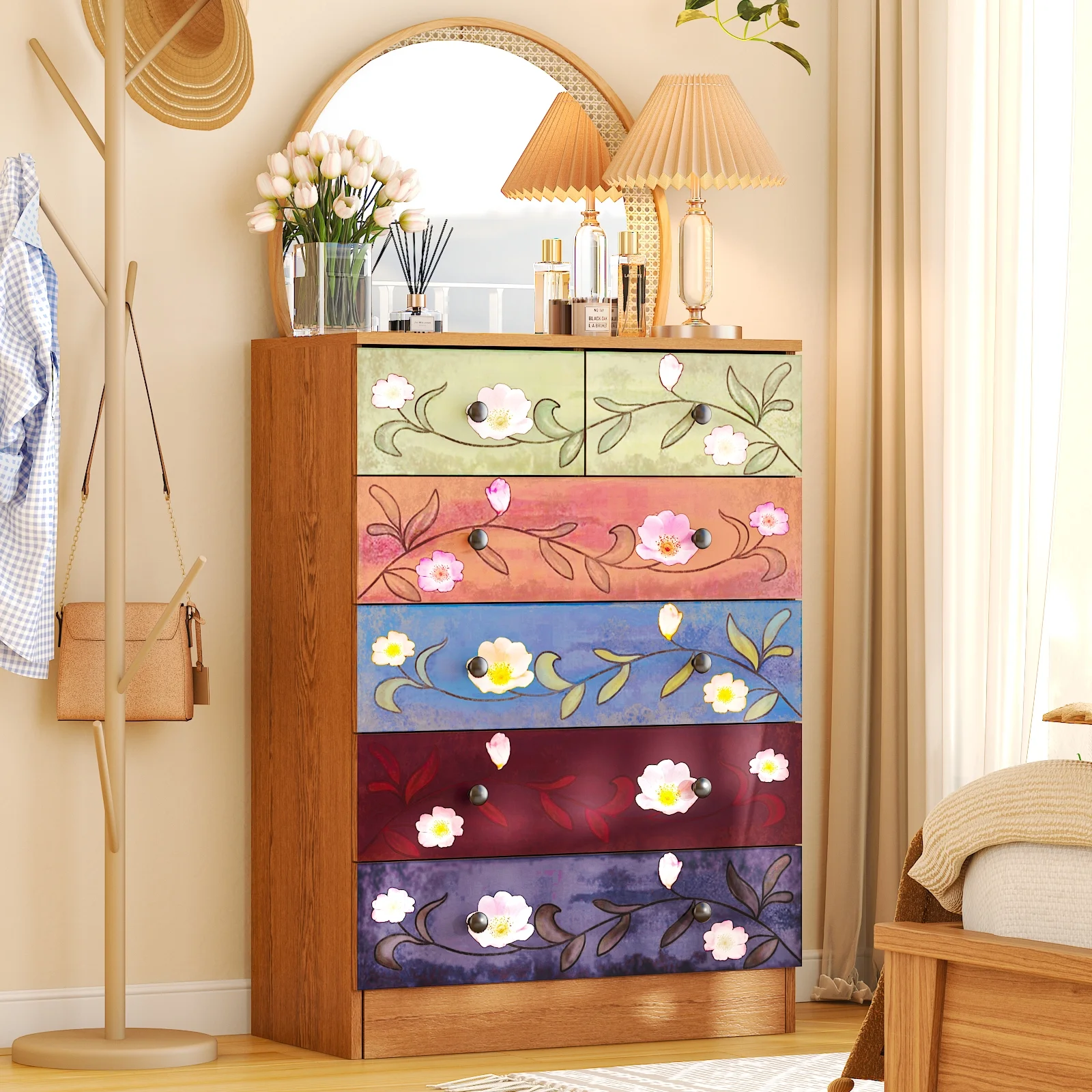 Ktaxon Wood 6-Drawer Dresser Organizer for Bedroom Storage Tower for Entryway Hallway Closet, Tall Chest Organizer Unit with Wood Bins, Floral Painted Wooden