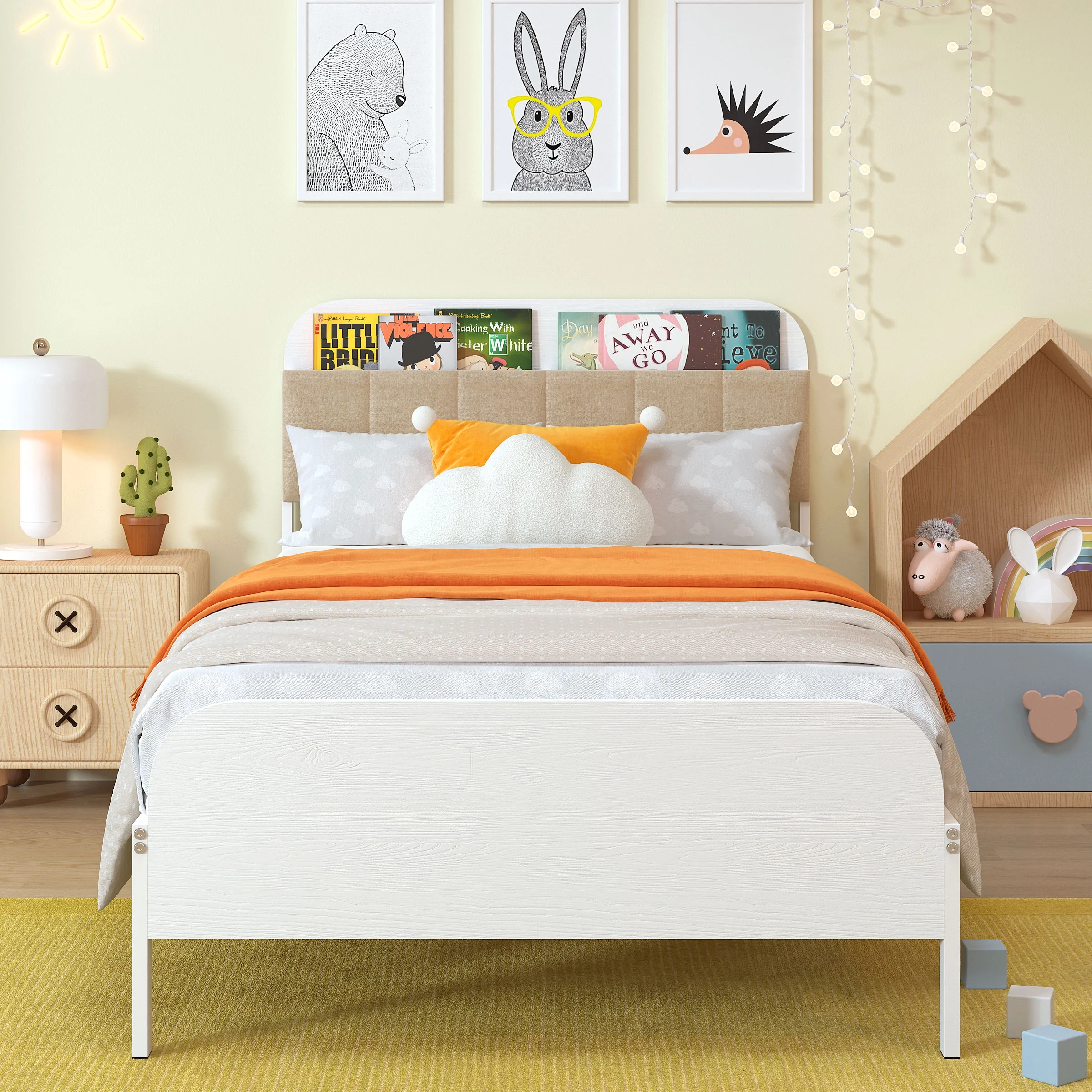 Yoneston Kids Twin Platform Bed with Upholstered Bookcase Headboard Storage Shelves, Metal Bed Frame Easy Assembly for Boys Girls Teens, White