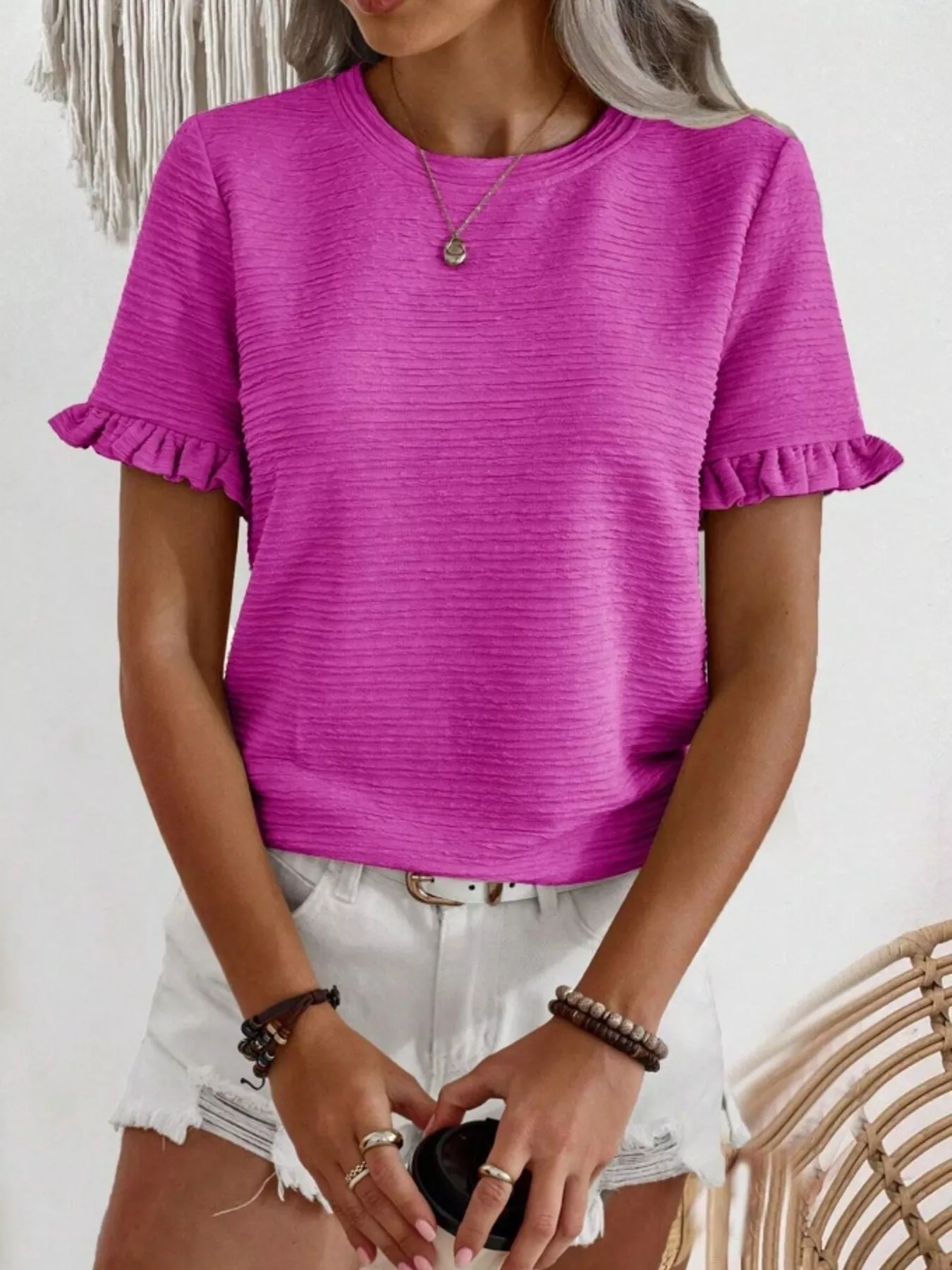 Textured Ruffle Sleeve Round Neck T-Shirt - ZKZOOK