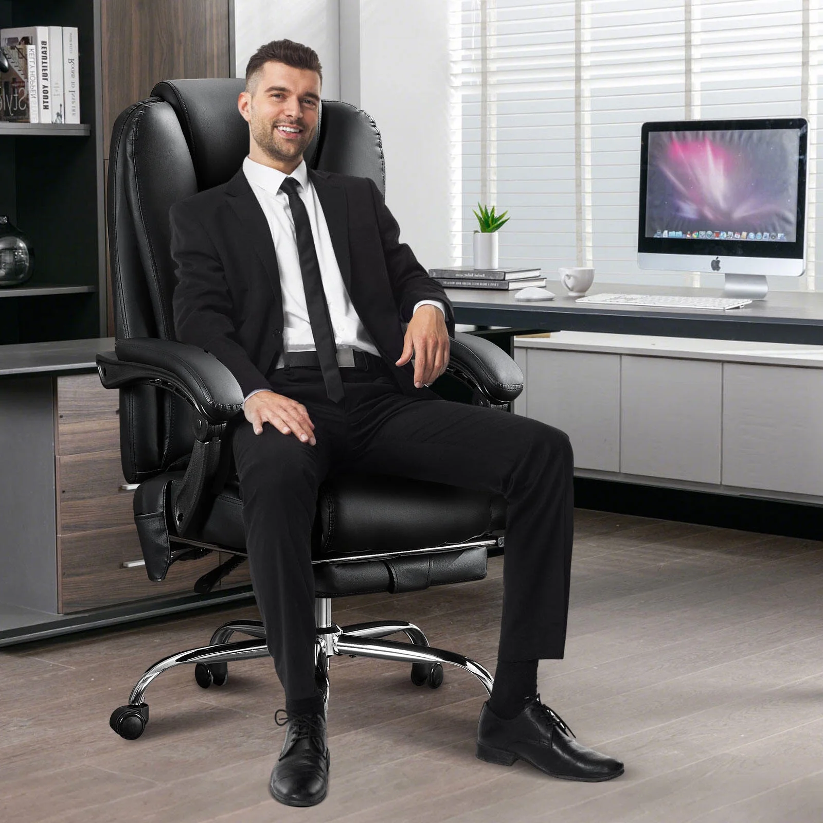 Massage Office Chair with Heat & Footrest, 6 Vibration Points Executive Chair - Black Leather Recliner with Wheels