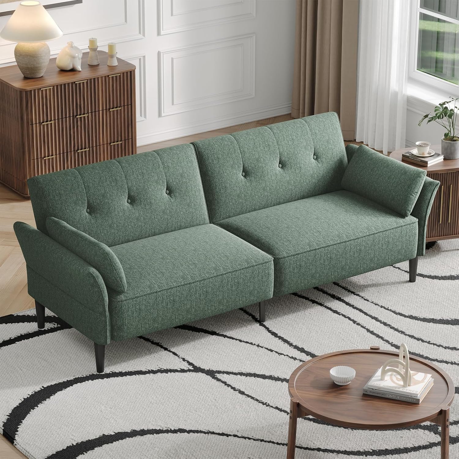 89” Futon Sofa Bed,Comfy Futon Couch Bed with 2 Square Pillows,Convertible Sleeper Sofa with Adjustable Backrest& Armrests, Modern Loveseat Sleeper for Living Room, Bedroom, Linen Green