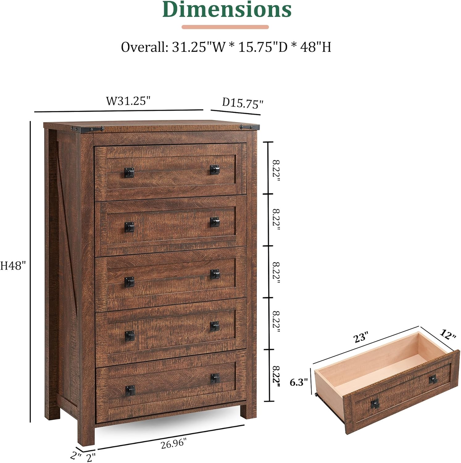 RedLemon Farmhouse 5 Drawer Dresser, 48