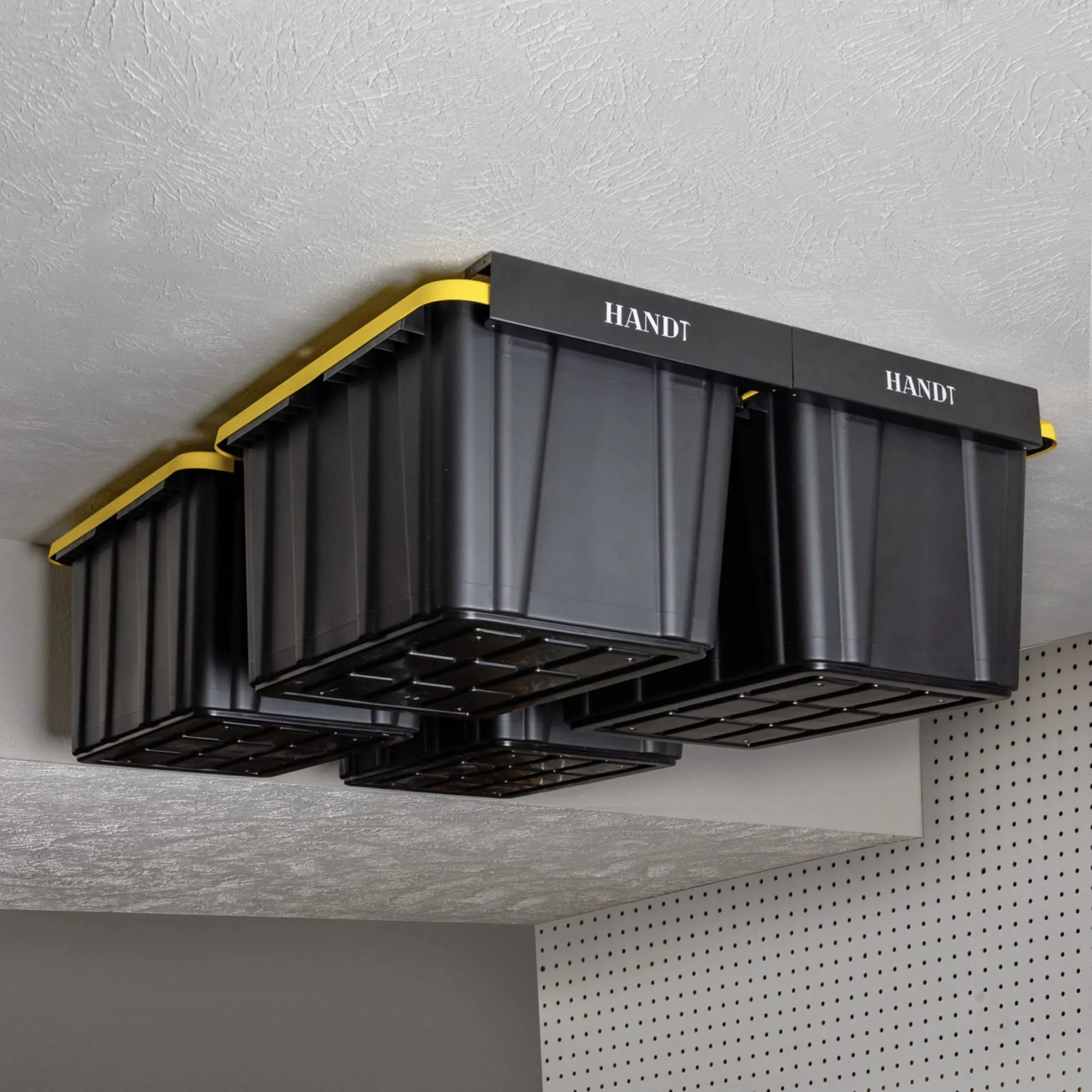 Based Overhead Garage Storage Rack, Ceiling Tote Bin Organization Rails Shelving Racks System, Heavy Duty Hanging Metal Rack Systems for 27 Gallon Container, Supports Most Bins, 4 Sets Black