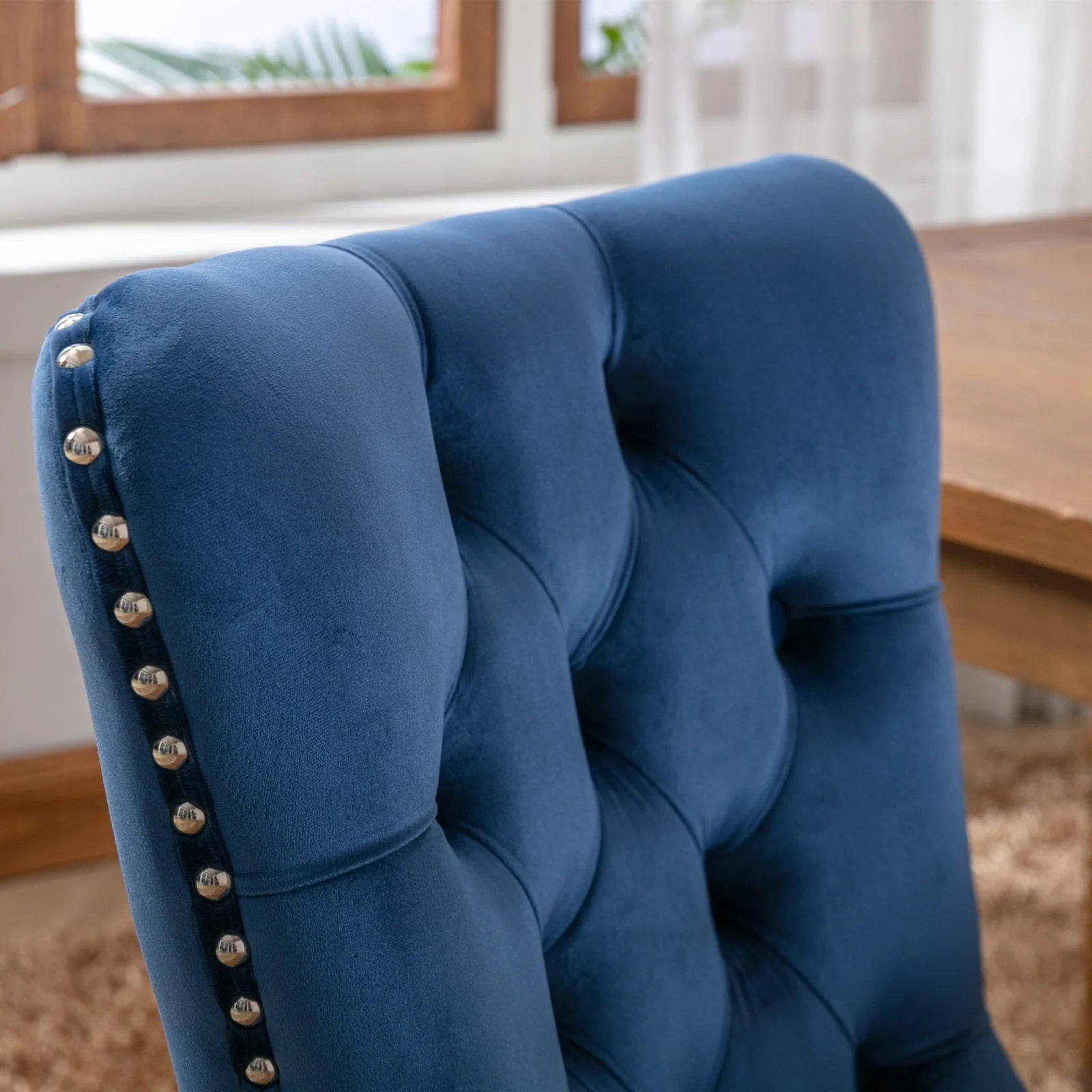 Elegant Button Tufted Dining Chairs, High-end Velvet Upholstered Dining Chairs with Nailhead Back and Ring Pull Trim, Solid Wood Dining Chairs for Kitchen Bedroom Dining Room (Blue,Set of 4)