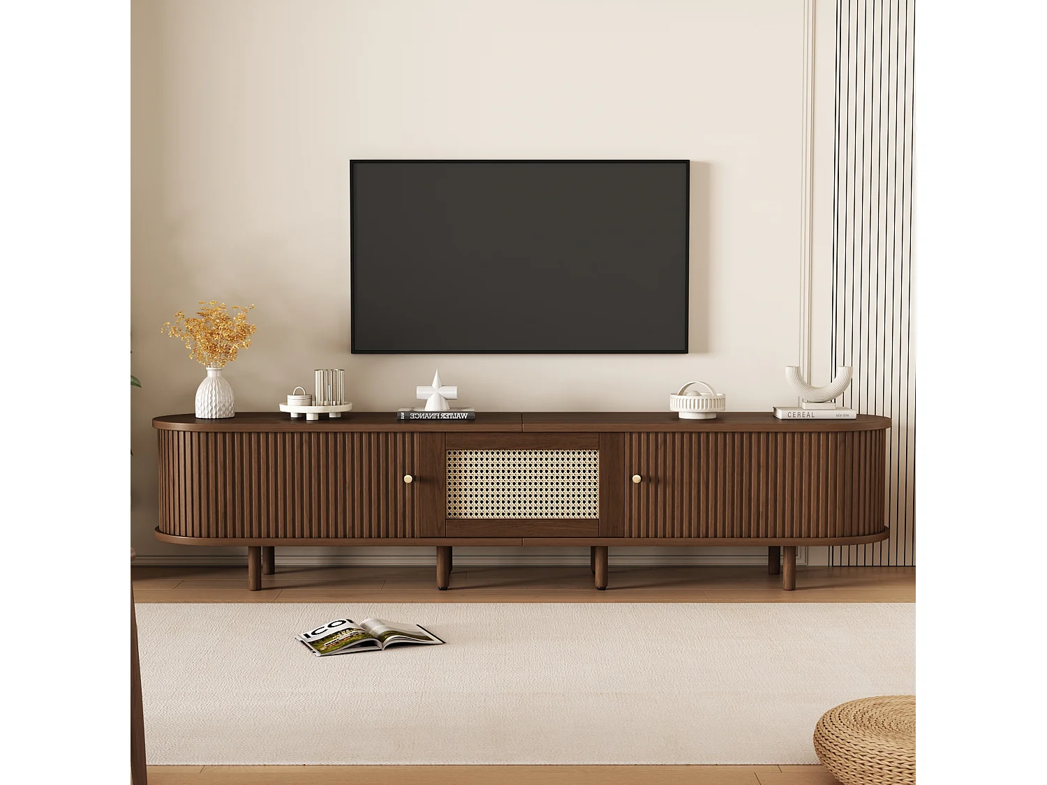 Meuble TV ovale avec 2 portes coulissantes et 1 tiroir en rotin - 180 x 40 x 40 cm - Bois MDF - Noyer foncé