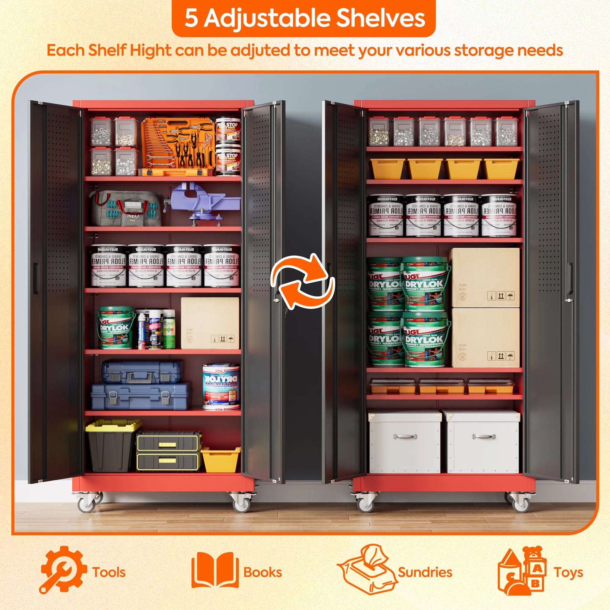 GangMei 71 inches Tall Metal Rolling Garage Storage Cabinets with Locking Doors and 5 Adjustable Shelves, Metal Storage Cabinet for Garage, Office, Home, Classroom, Assemble Required(Black) - Image 25