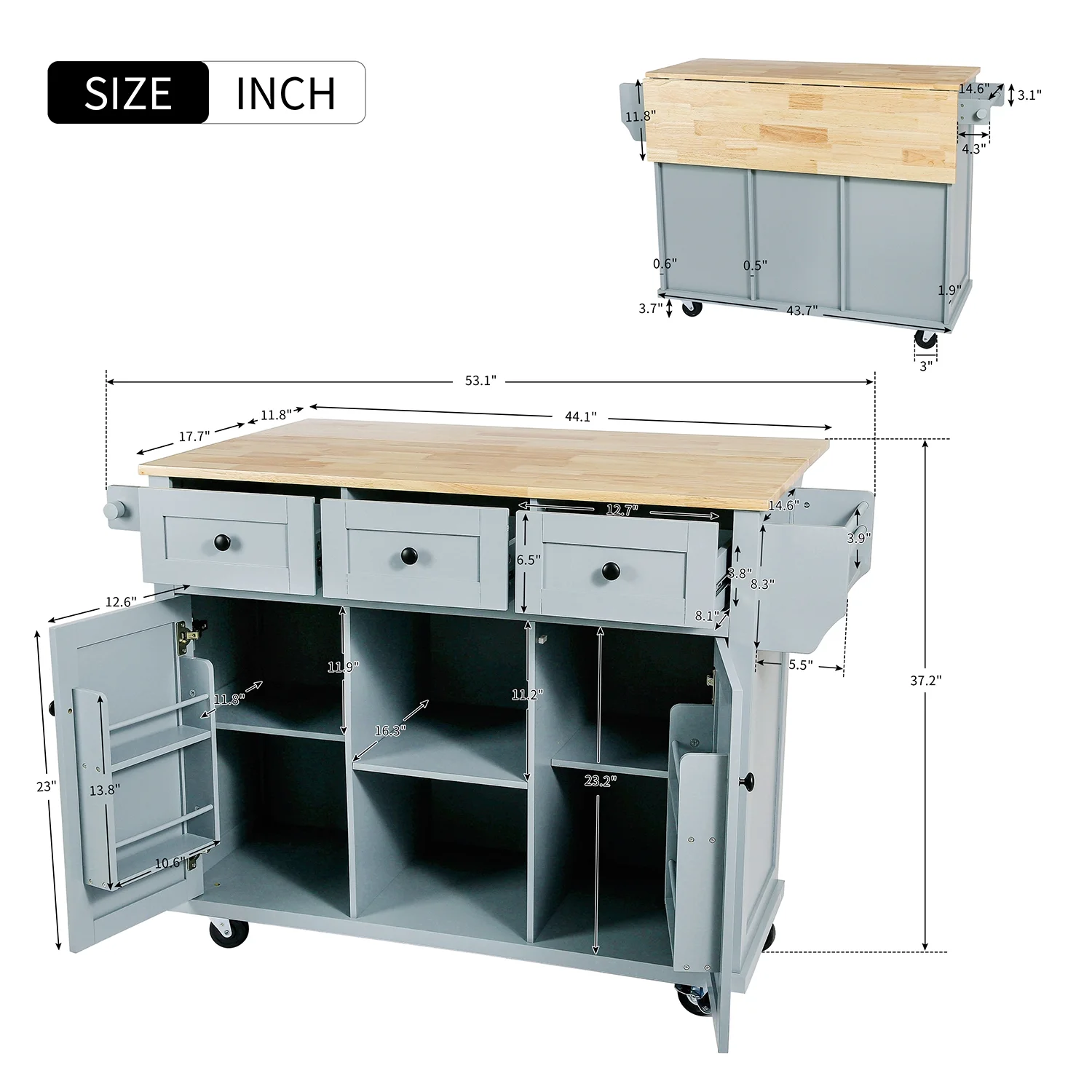 Harper & Bright Designs Kitchen Island with Drop Leaf and Wheels Rolling Kitchen Cart with Storage and Cabinet and 3 Drawers for Dining Room, Blue