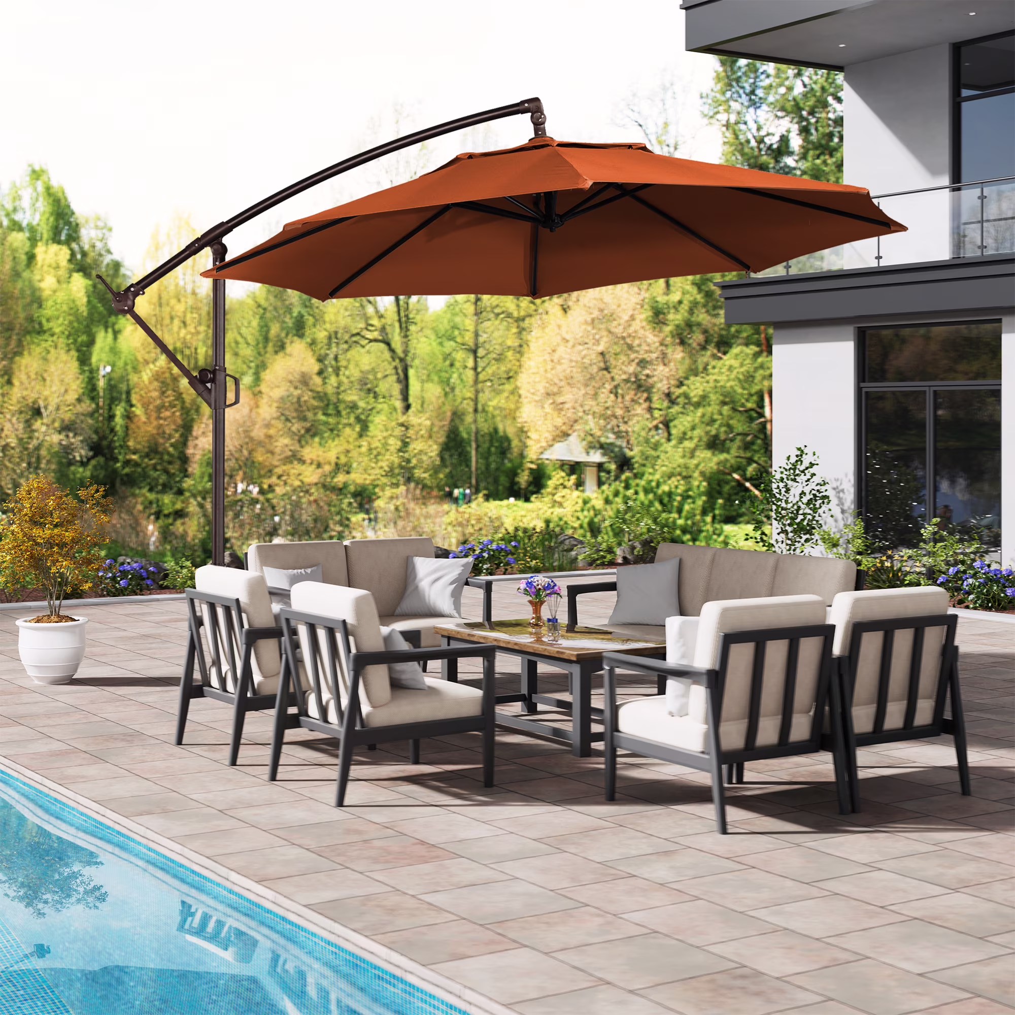 Mondawe 10ft Solar Lights Offset Cantilever Patio Umbrella - with Light, LED Lighted Offset Hanging Patio Outdoor Market Umbrella UPF50+ UV Protection with Crank,Navy Blue - Image 7