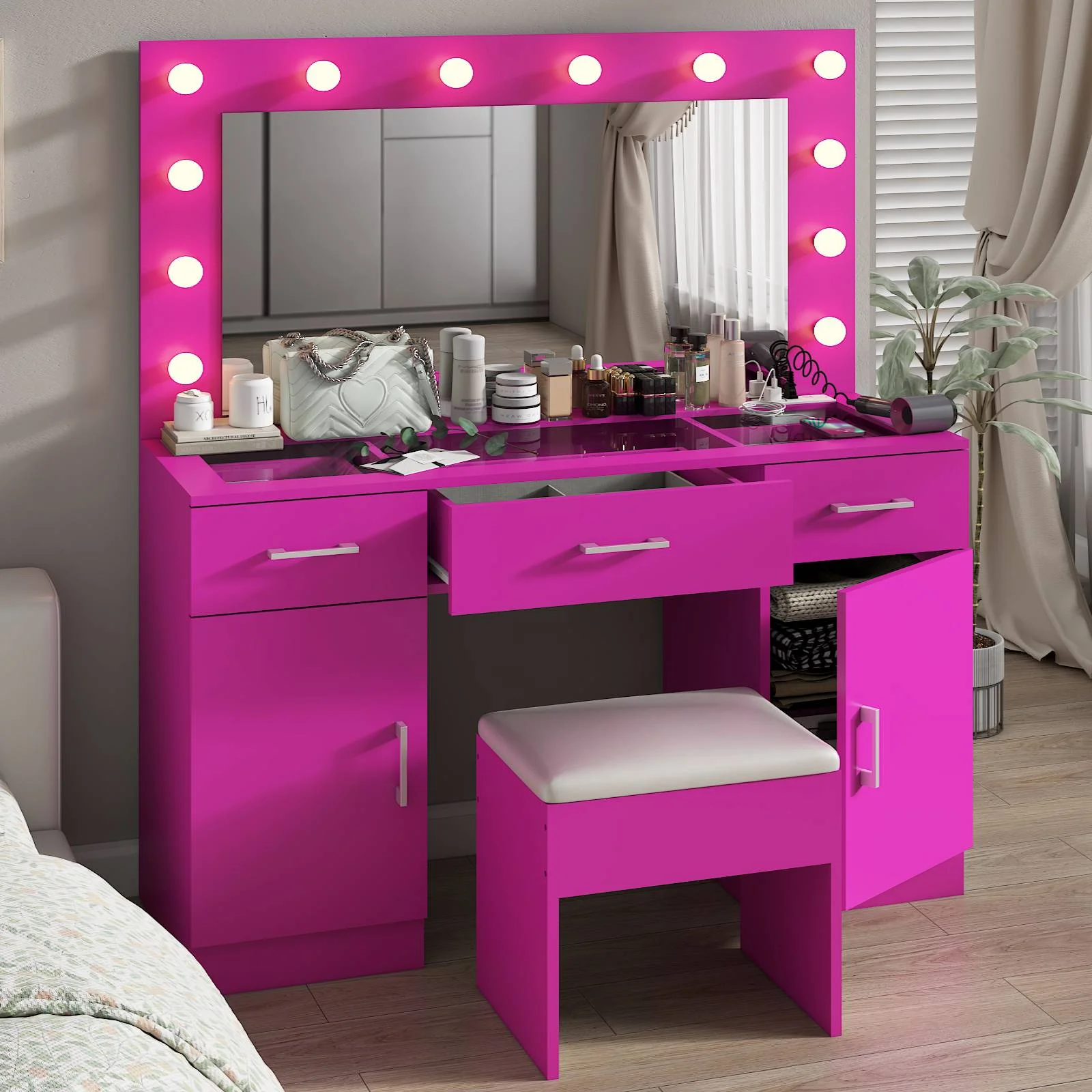 Ktaxon Large Makeup Vanity, Vanity Table Set w/ Visible Glass Top w/ Charging Station, White - Image 93