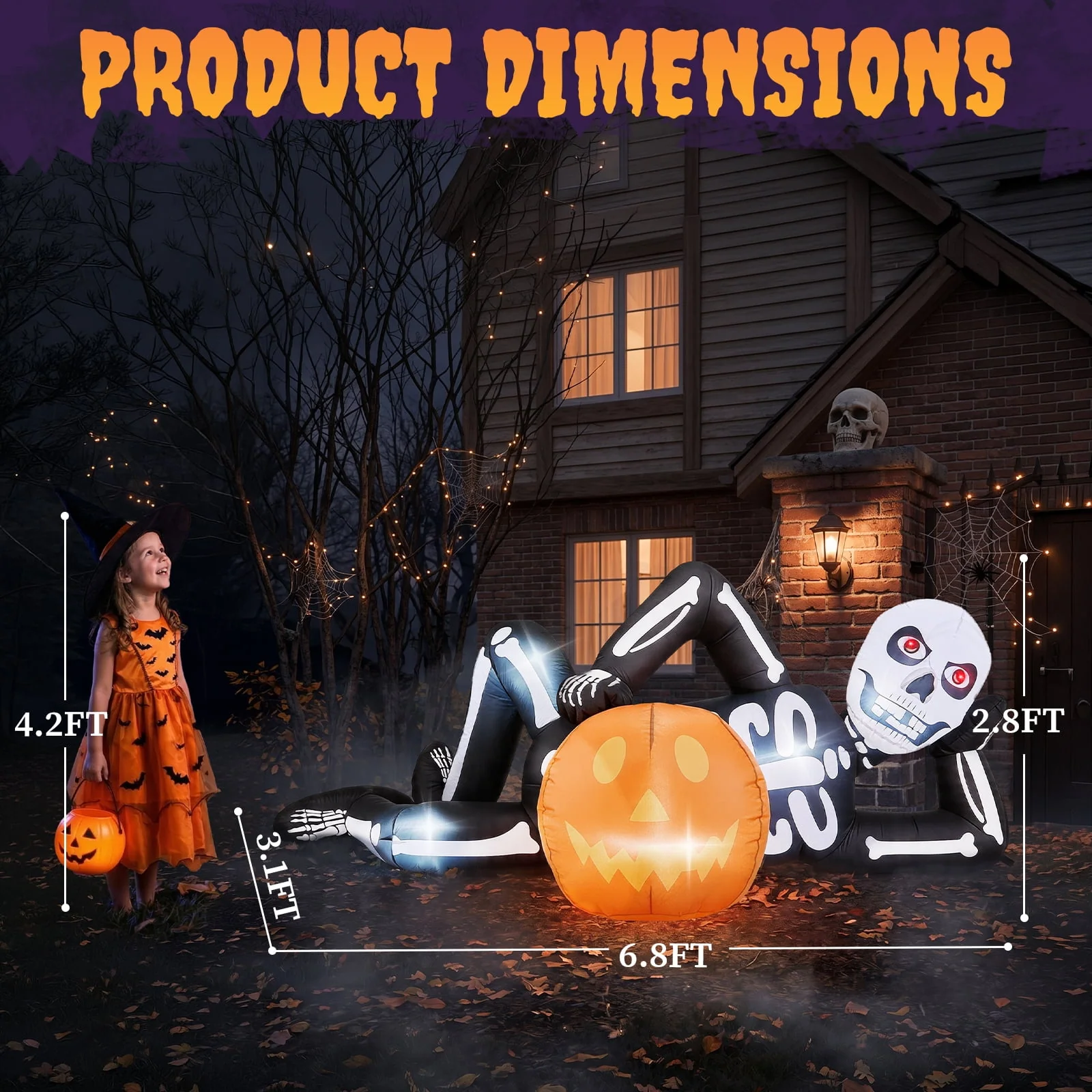 Ktaxon 7' Halloween Inflatables Skeleton Outdoor Halloween Decoration Reclining Skeleton with Pumpkin,Built-In LED Lights - Image 8 Ktaxon 7' Halloween Inflatables Skeleton Outdoor Halloween Decoration Reclining Skeleton with Pumpkin,Built-In LED Lights - Image 8