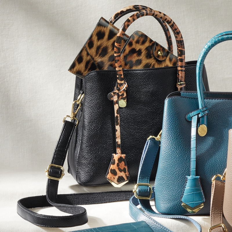 3-Piece Faux Leather Satchel Set with Croco-Embossed Accessories - MIDNIGHT VELVET CATALOG