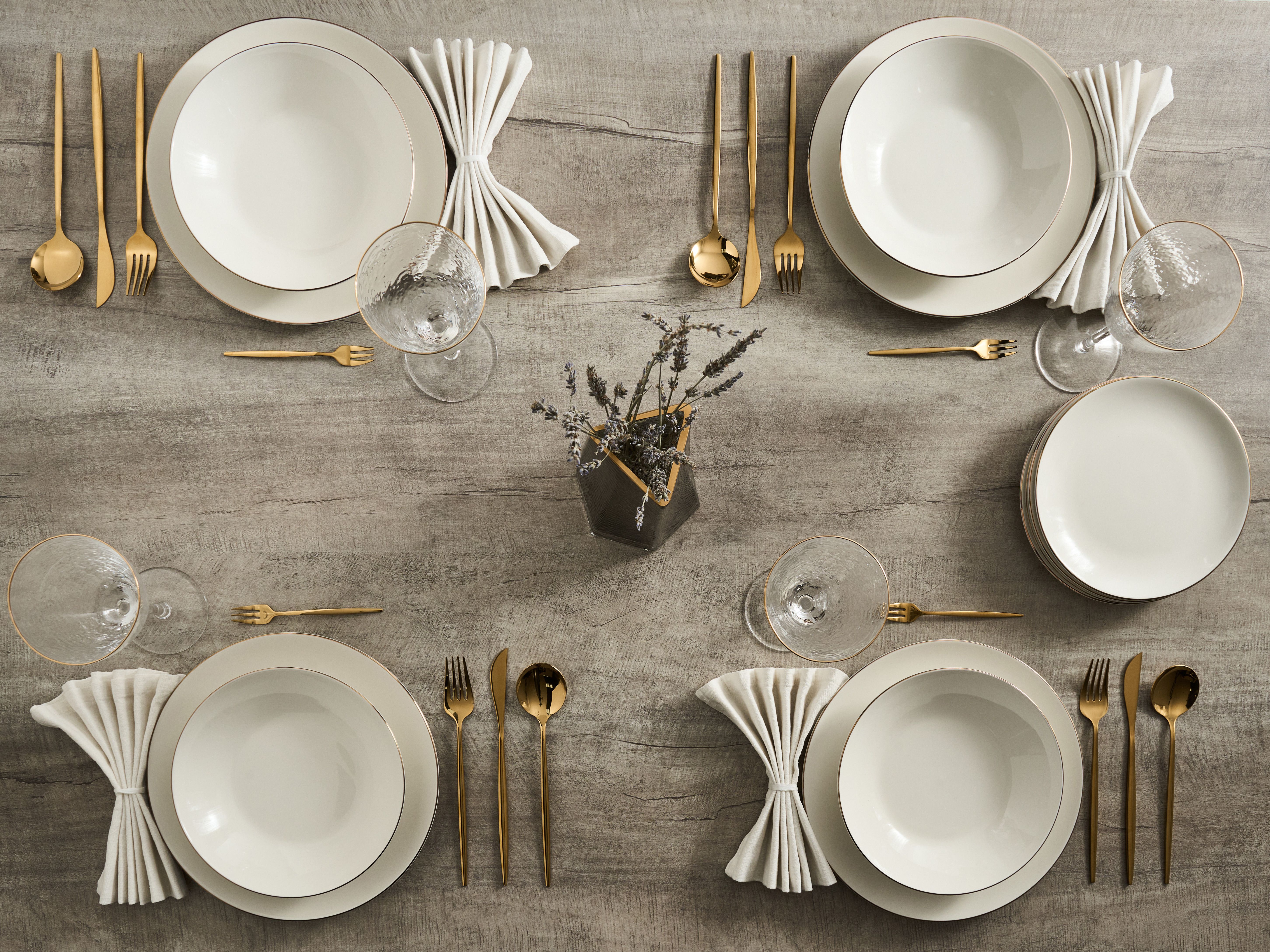 Set of 12 Dinnerware CUMIN Porcelain Off-White/ Gold