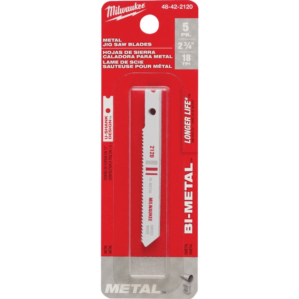 Milwaukee U-Shank 2-3/4 In. x 18 TPI Bi-Metal Jig Saw Blade, Metal Cutting (5-Pack)