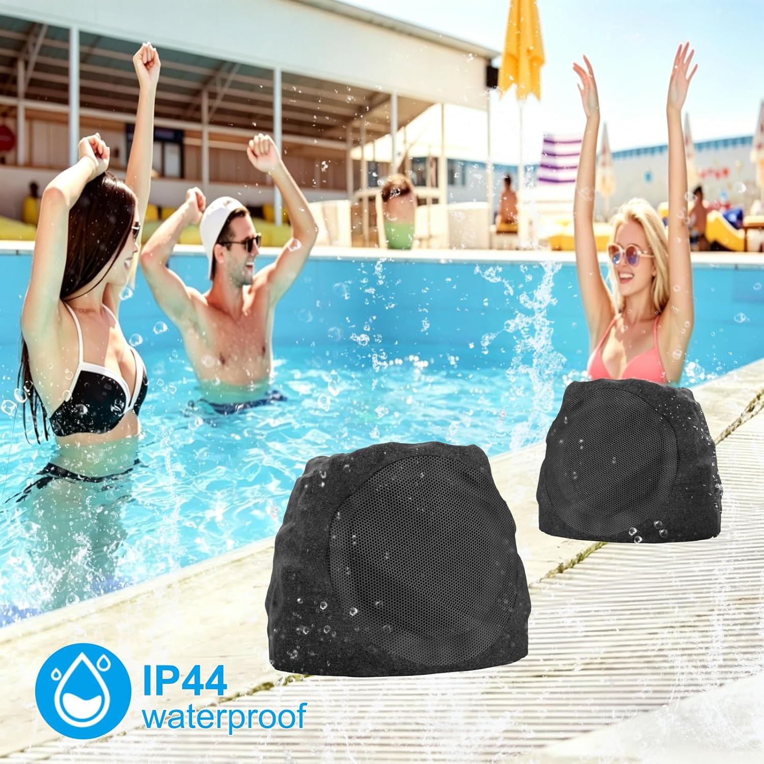 Outdoor Speakers Solar Powered & USB-C Rechargeable, Rock Speakers TWS Pairing Wireless Outdoor Speaker Bluetooth 5.4, LED Light Show, Waterproof, ideal for Backyard BBQ, Garden, Poolside (2-Pc,Black)