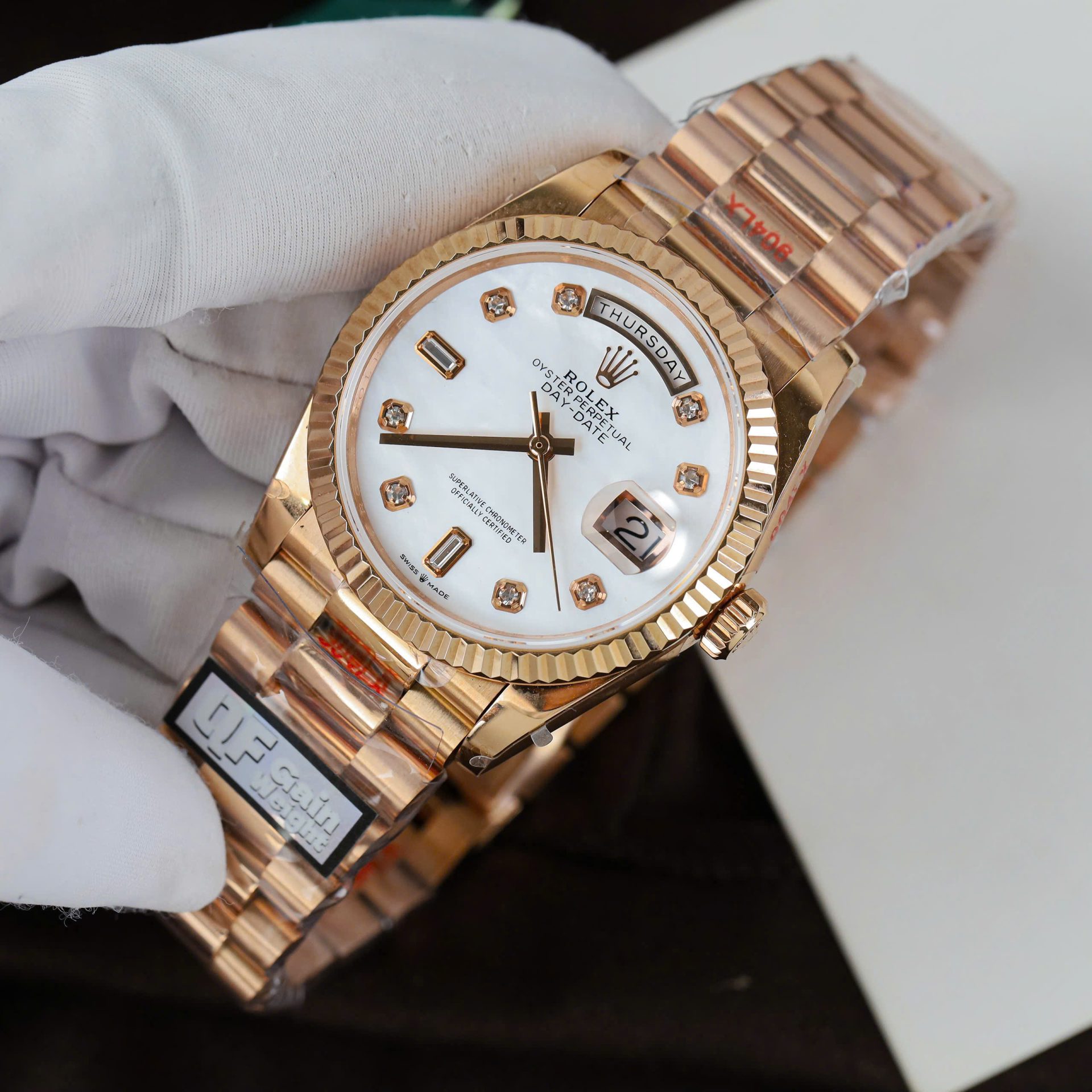 Rolex Day-Date 128235 Knock Off Watches MOP Dial Weight 156 Grams QF Factory 36mm - Elite Watch Atelier