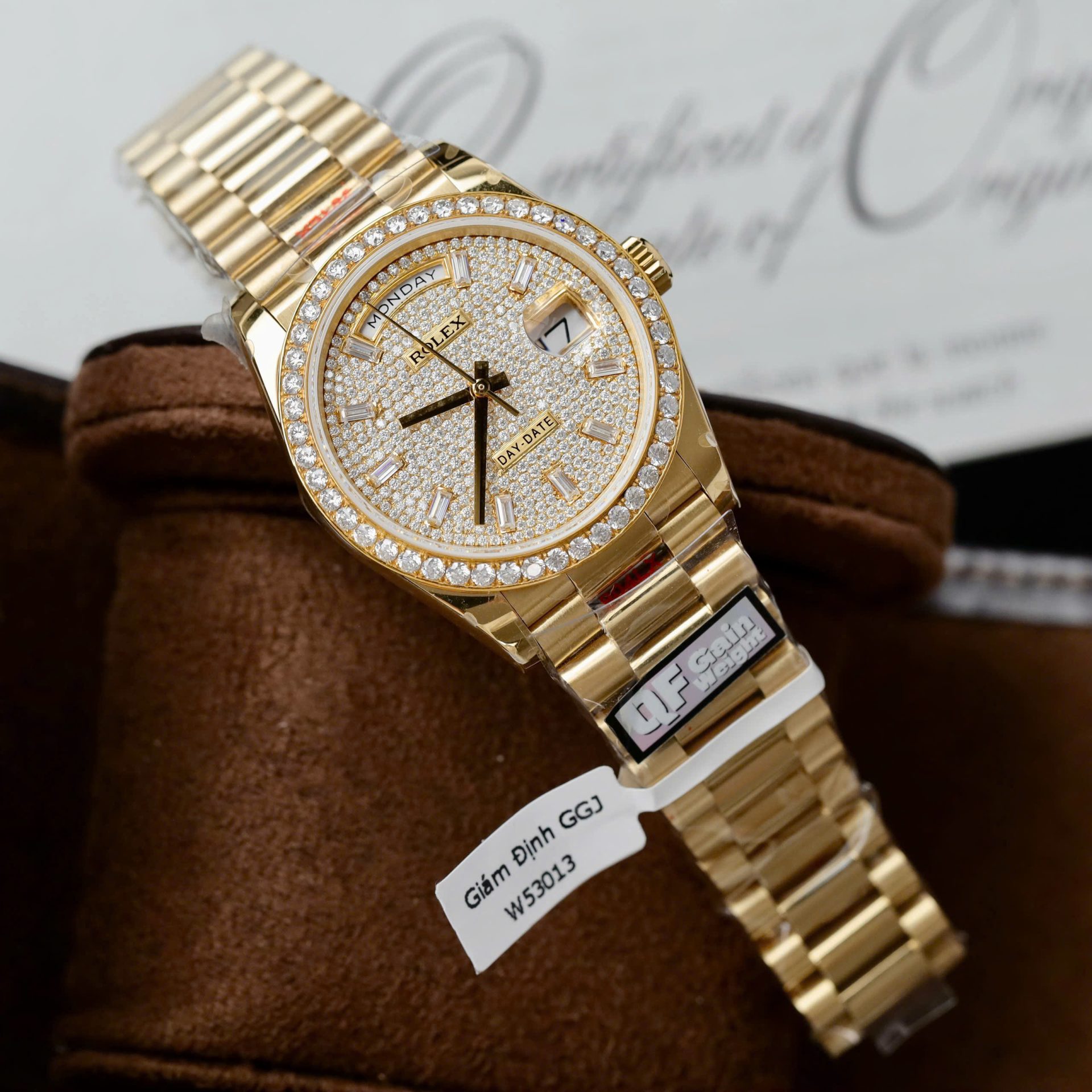Rolex Day-Date Best Copies Watch 18K Gold Wrapped + Moissanite Diamonds Weight 159Gram QF 36mm - Elite Watch Atelier