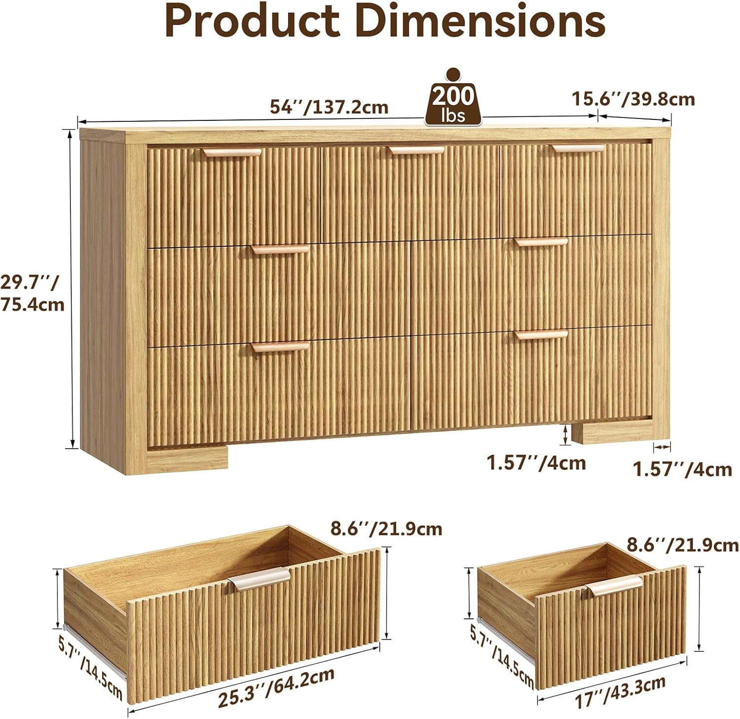 Fluted Dresser for Bedroom, 7 Drawer Dresser with Gold Handle, 54