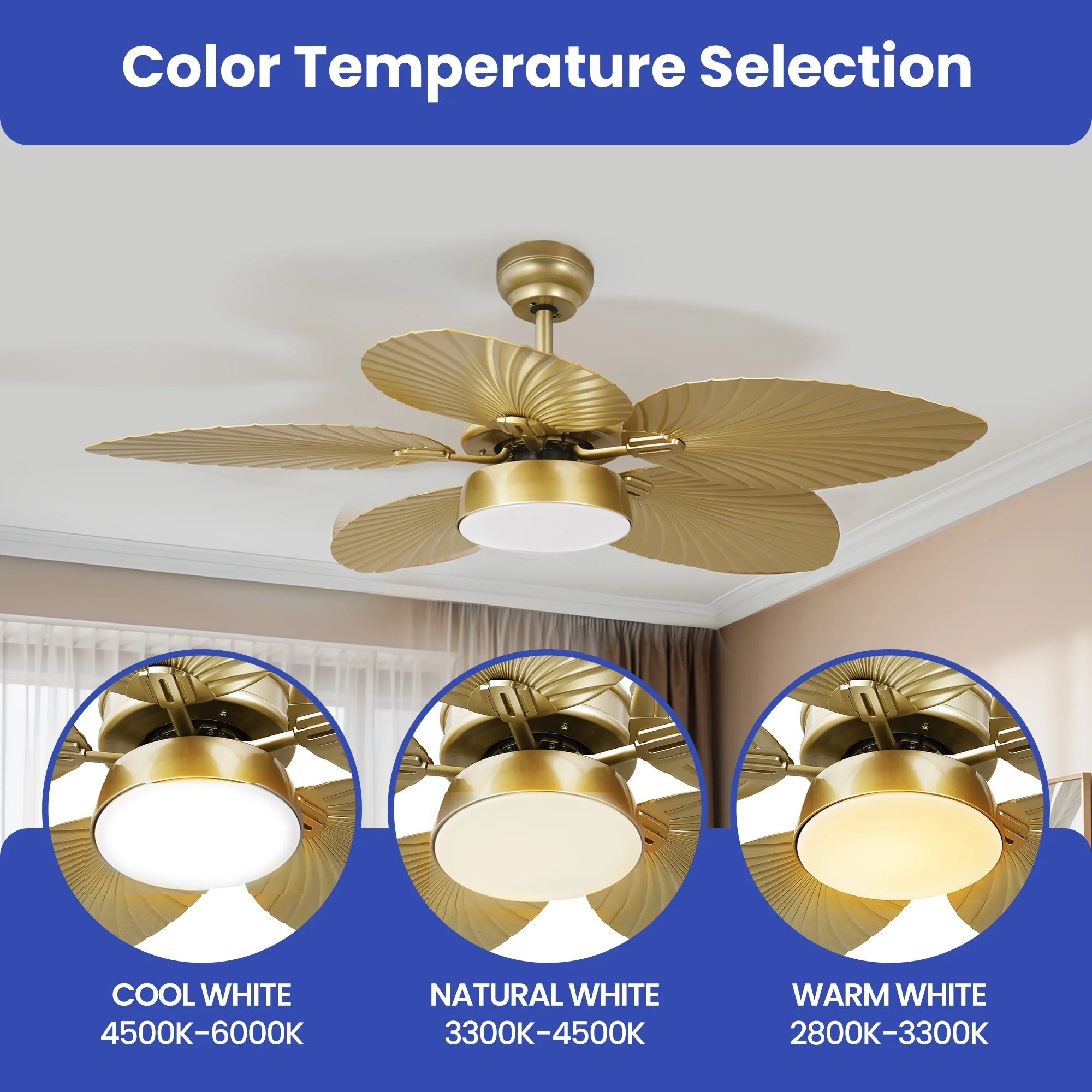 ModFusion 52" Gold Tropical Ceiling Fan with LED Light & Remote �C Palm Leaf Blades, Quiet Reversible DC Motor Indoor/Outdoor - Image 5