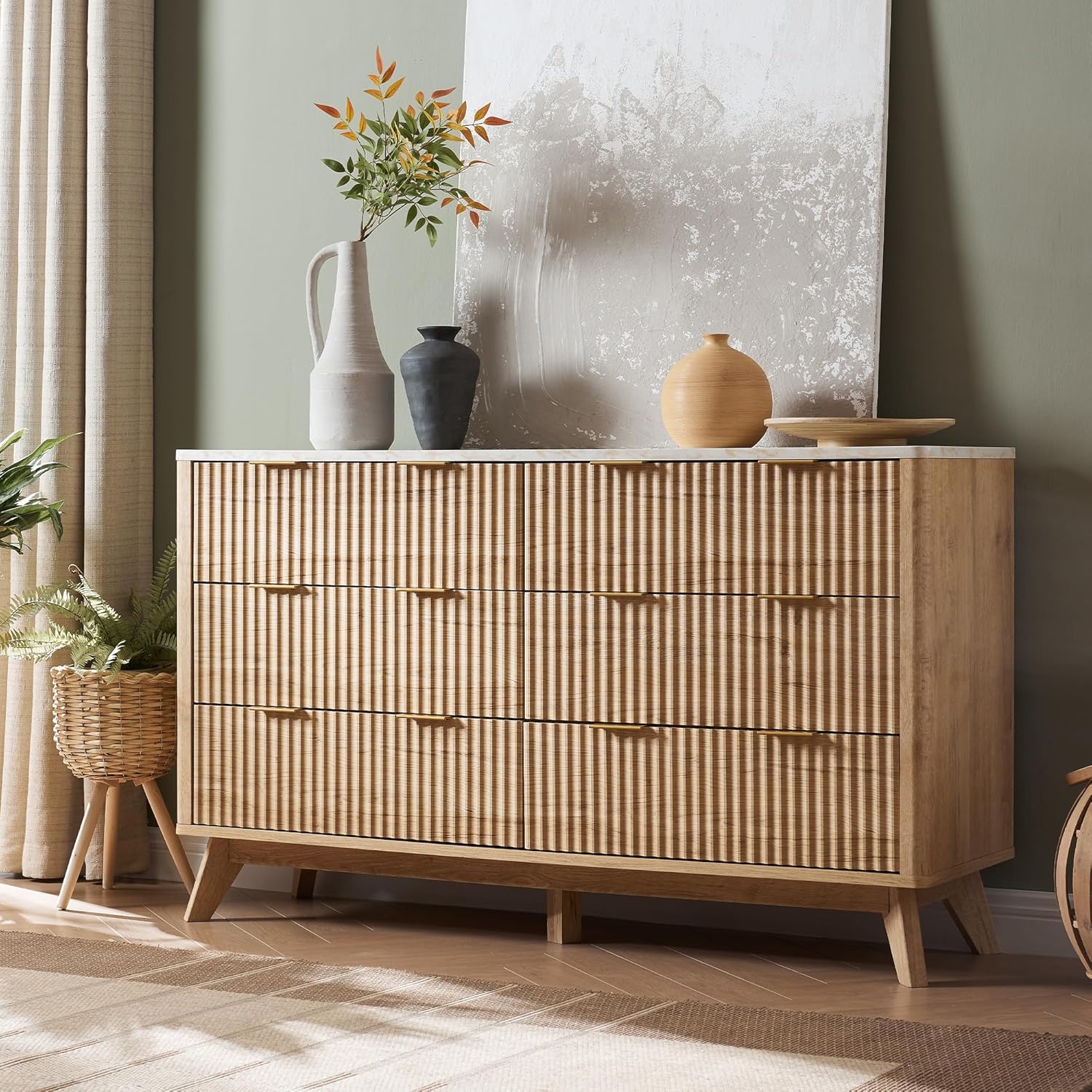 T4TREAM Fluted 6 Drawers Dresser, 54