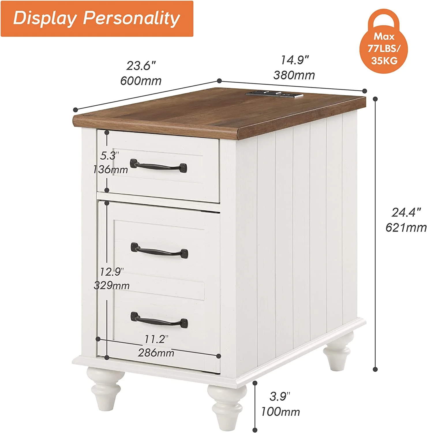 End Table with Charging Station, Wood Side Table with Storage Drawers for Living Room, Bedroom, White