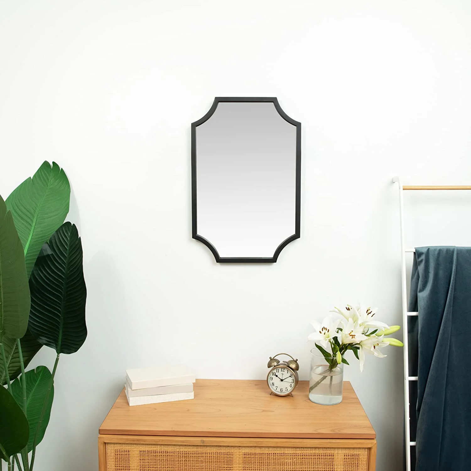 Hamilton Hills Black Metal Framed 16x24inch Scalloped Mirror | Decorative Wall Mirrors | Brass Bathroom Vanity Hanging | Horizontal & Vertical
