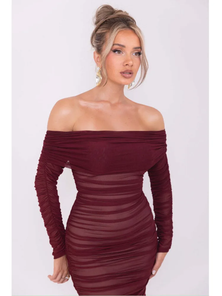 Elegant One Shoulder Mesh Patchwork Long Sleeve Party Evening Dress Women Sexy Bodycon Vestdos Autumn/Winter Clothing - AZJHJ