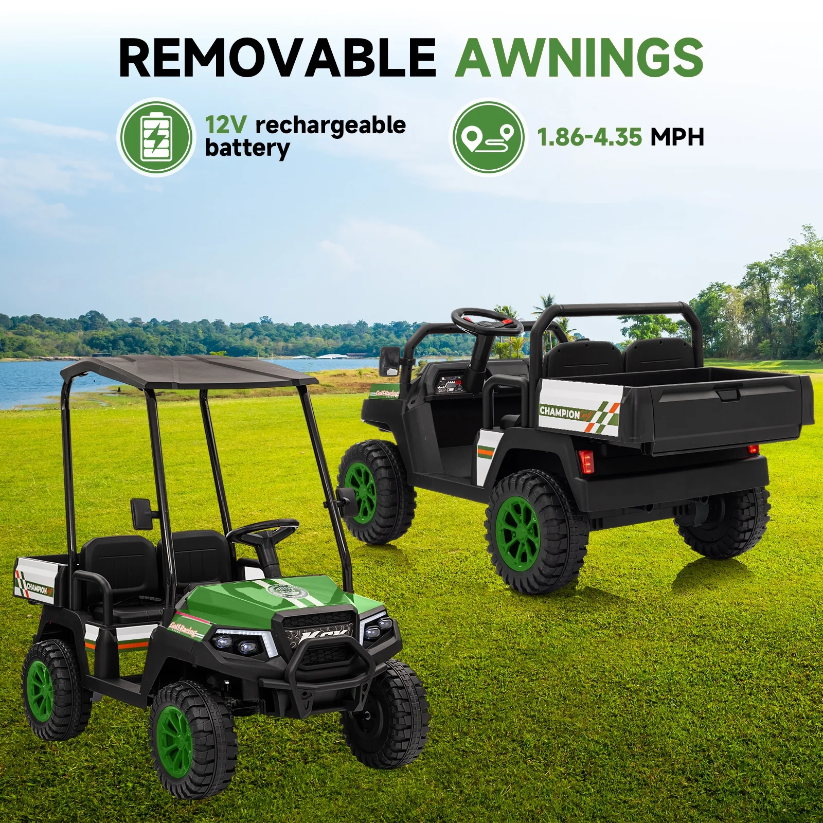 Rock Wheels 2 Seater 12V Ride On Toy Truck Golf Cart for Big Kids w/ Roof, Sun Shade, Storage Trunk, 2WD, Parent remote Control, 3 Speeds, LED Lights, Bluetooth & Music