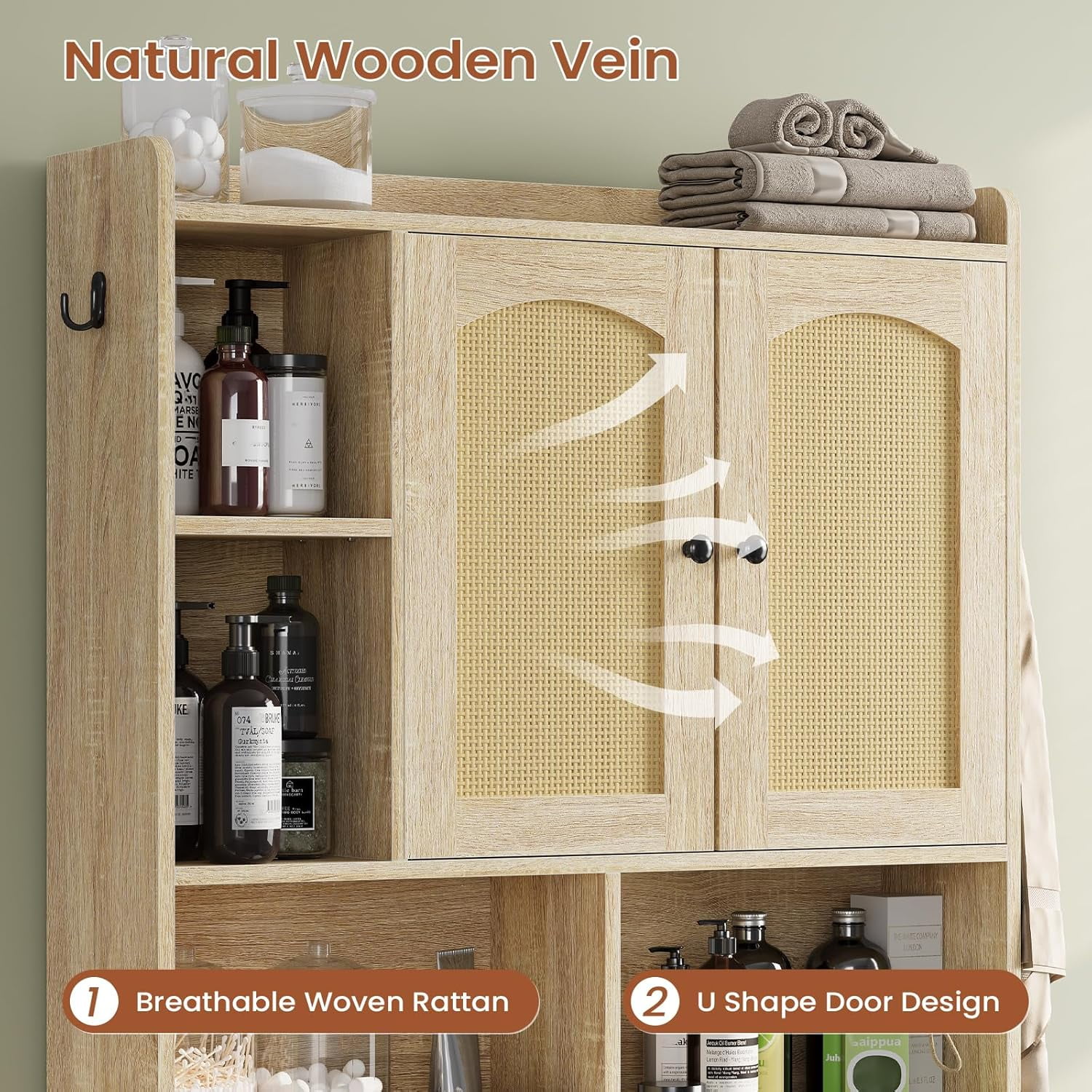 Over The Toilet Storage Cabinet with 3 Doors, Farmhouse Space Saver for Bathroom Organizer with Paper Holder, 10 Shelves and Hooks, 7-Tier Over Washing Machine Cabinet for Laundry, Bathroom, Natural - Image 9